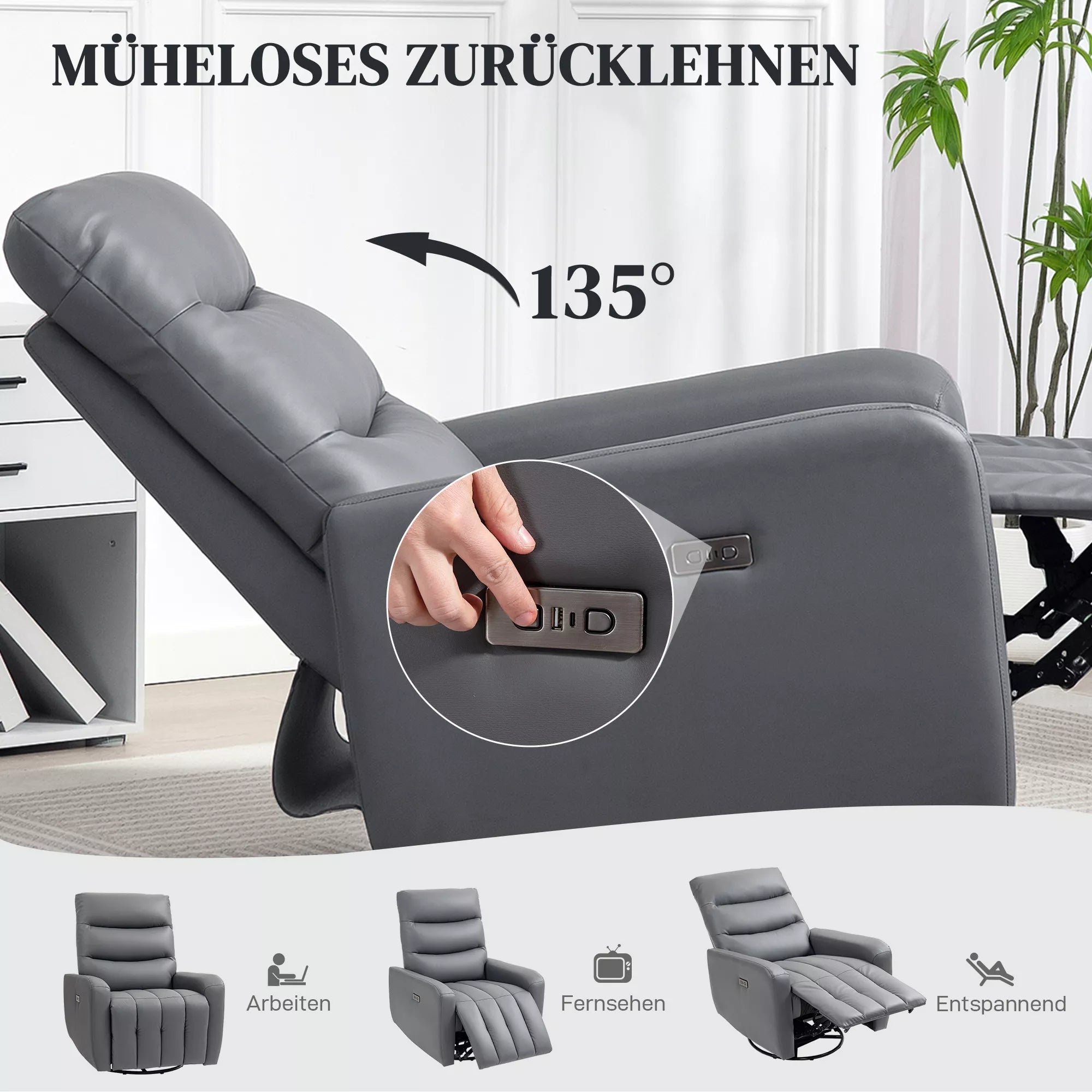 Poilsio krėslas, minkštas krėslas su gulėjimo funkcija, nuotolinio valdymo pultelis, USB jungtis, pilkas