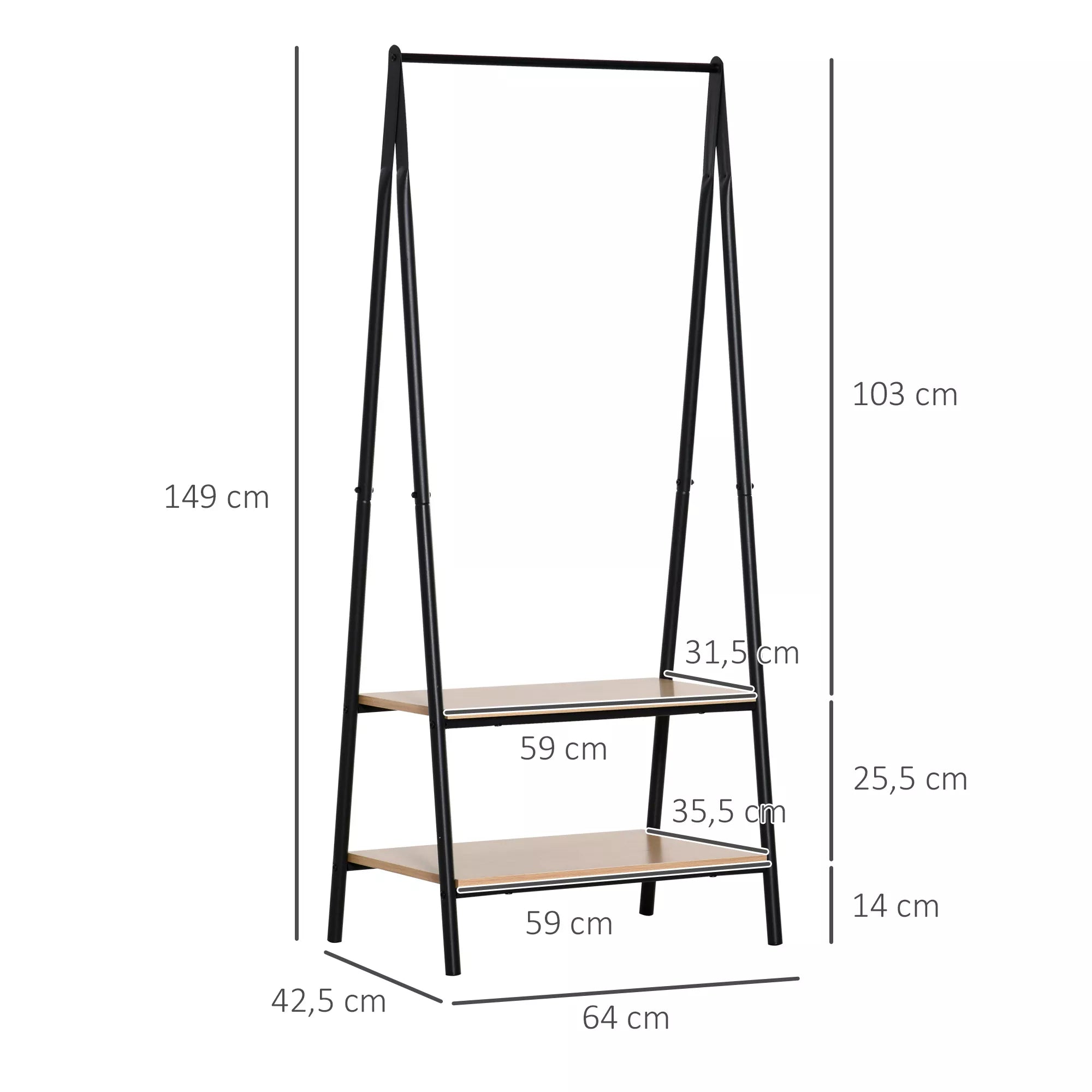 Drabužių kabykla su batų lentyna, metalas + mediena, juoda + natūrali, 64 x 42,5 x 149 cm