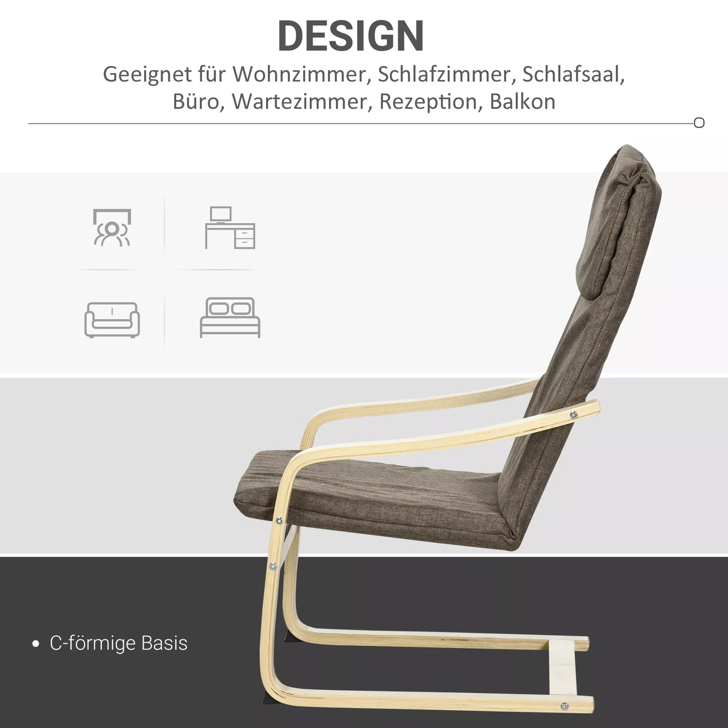 Fotelis su galvos atrama ir porankiais, lino imitacijos apmušalas, medinis rėmas, Ruda + Natūrali