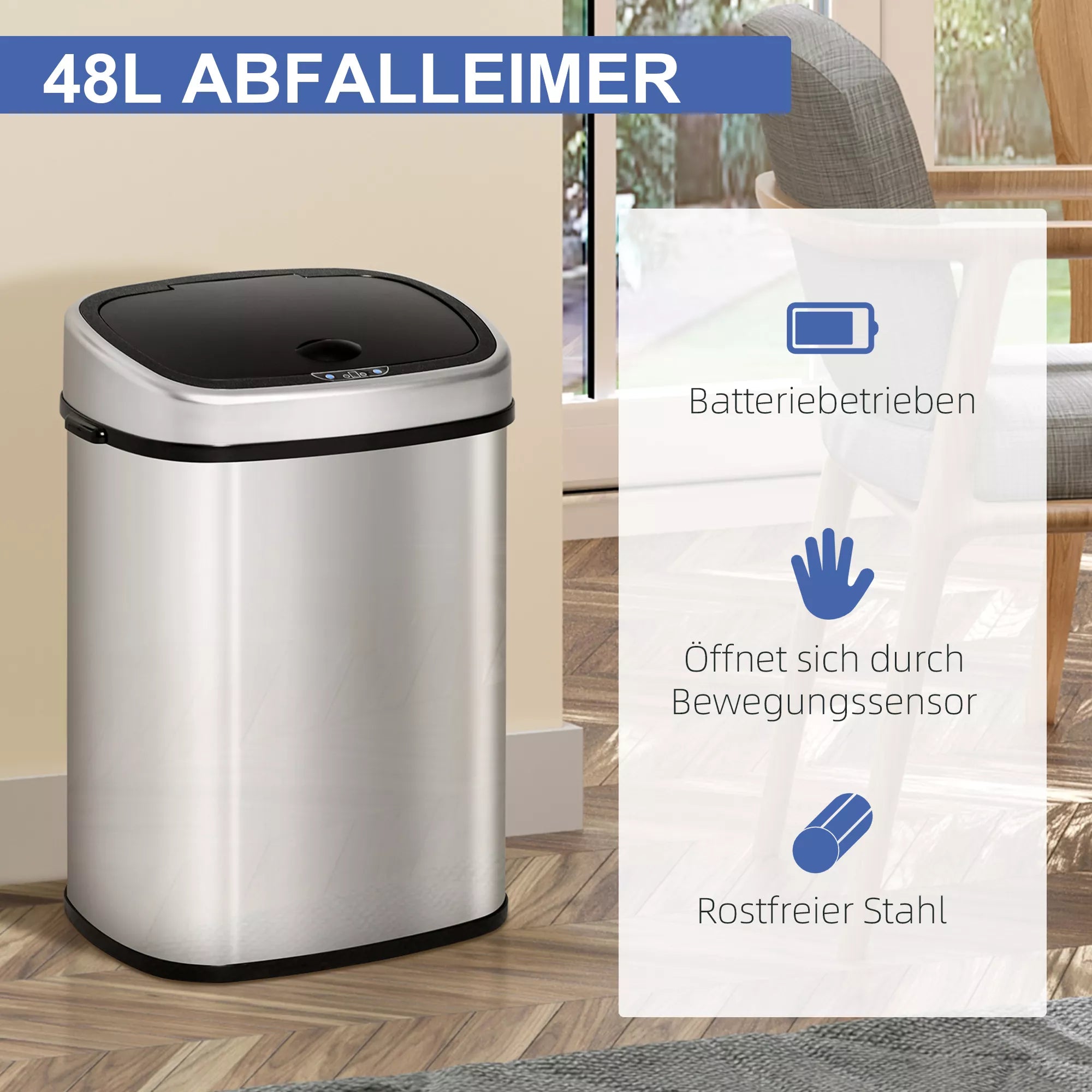 Schema su 48 l šiukšliadėžės savybėmis: jutiklis ir baterijos