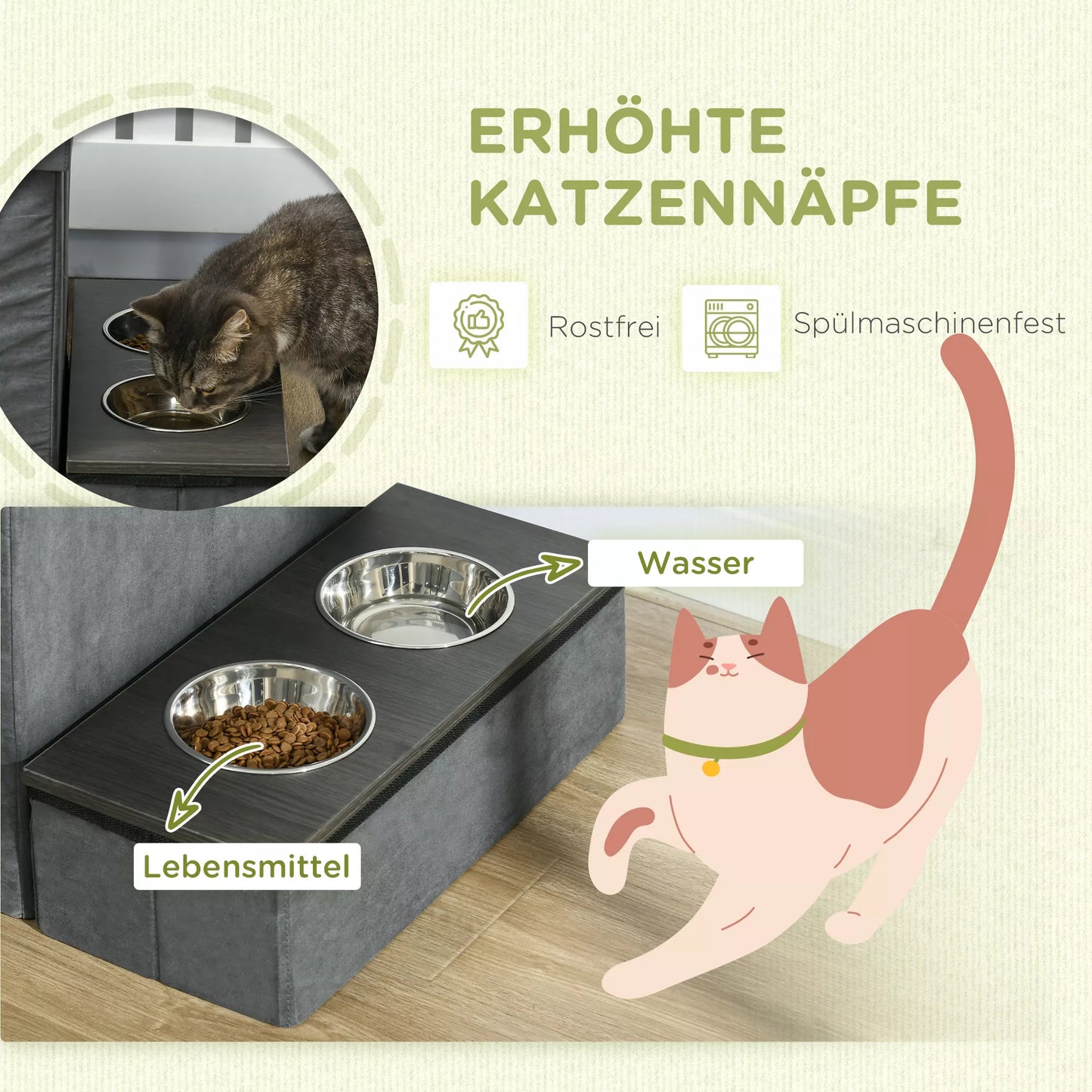 Katės namelis Katės namelis Katės urvas, 3 laipteliai gyvūnams, 2 ėdalo dubenėliai, 70 x 50 x 51 cm,  pilkos spalvos