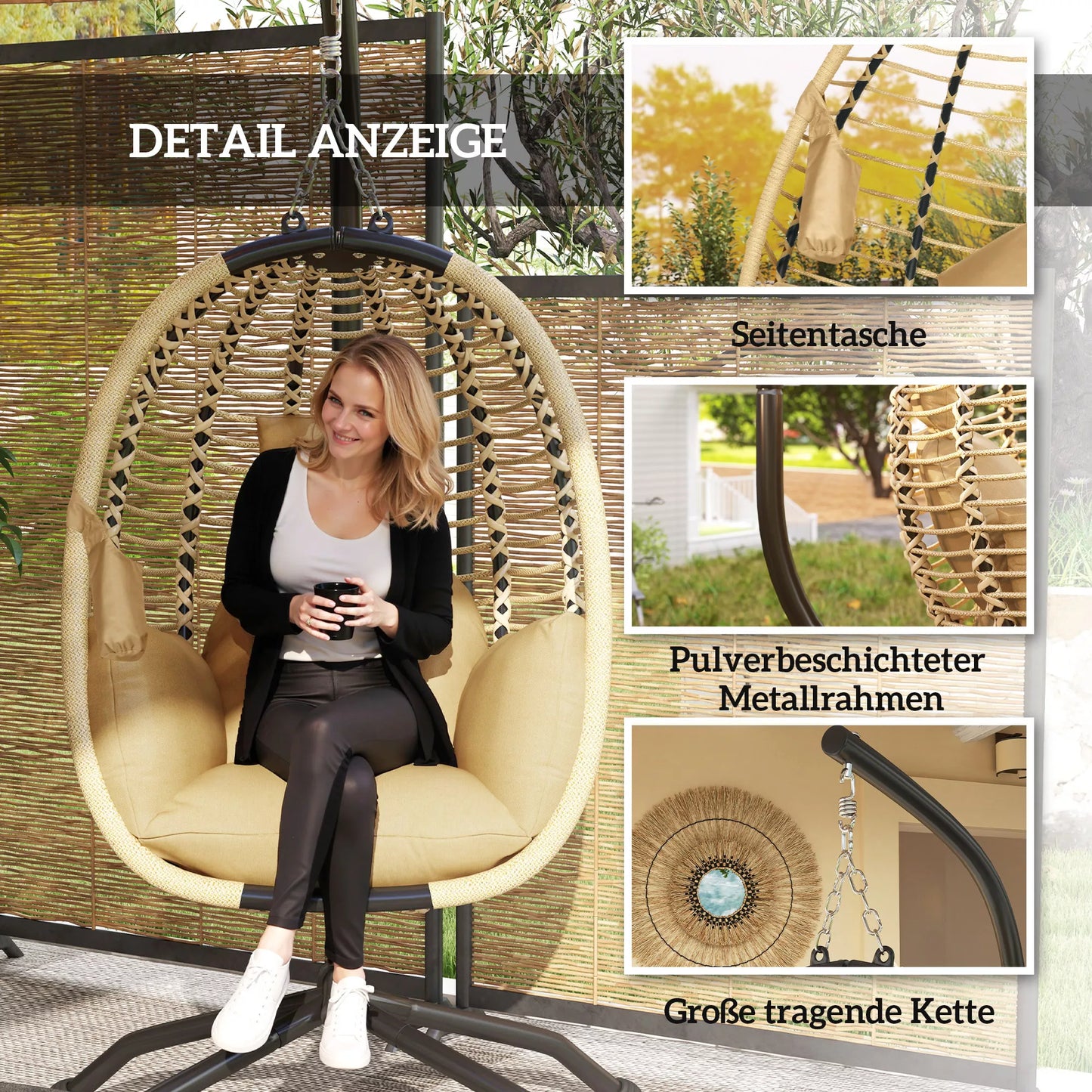 Kabinamas krėslas su stovu, kiaušinio formos sūpynės su puodelių laikikliu, plienas ir tekstilė, 101x101x188 cm, smėlio