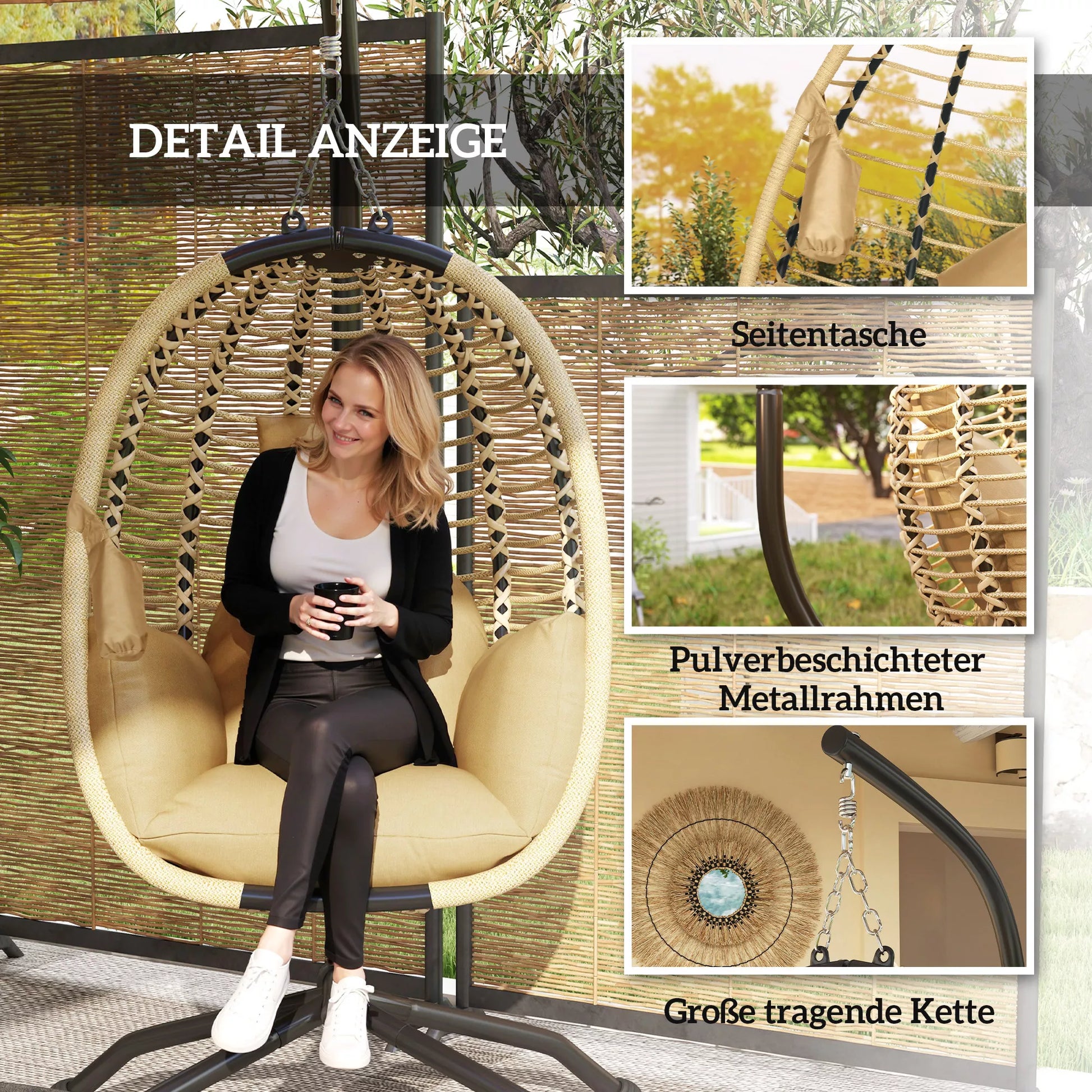 Kabinamas krėslas su stovu, kiaušinio formos sūpynės su puodelių laikikliu, plienas ir tekstilė, 101x101x188 cm, smėlio