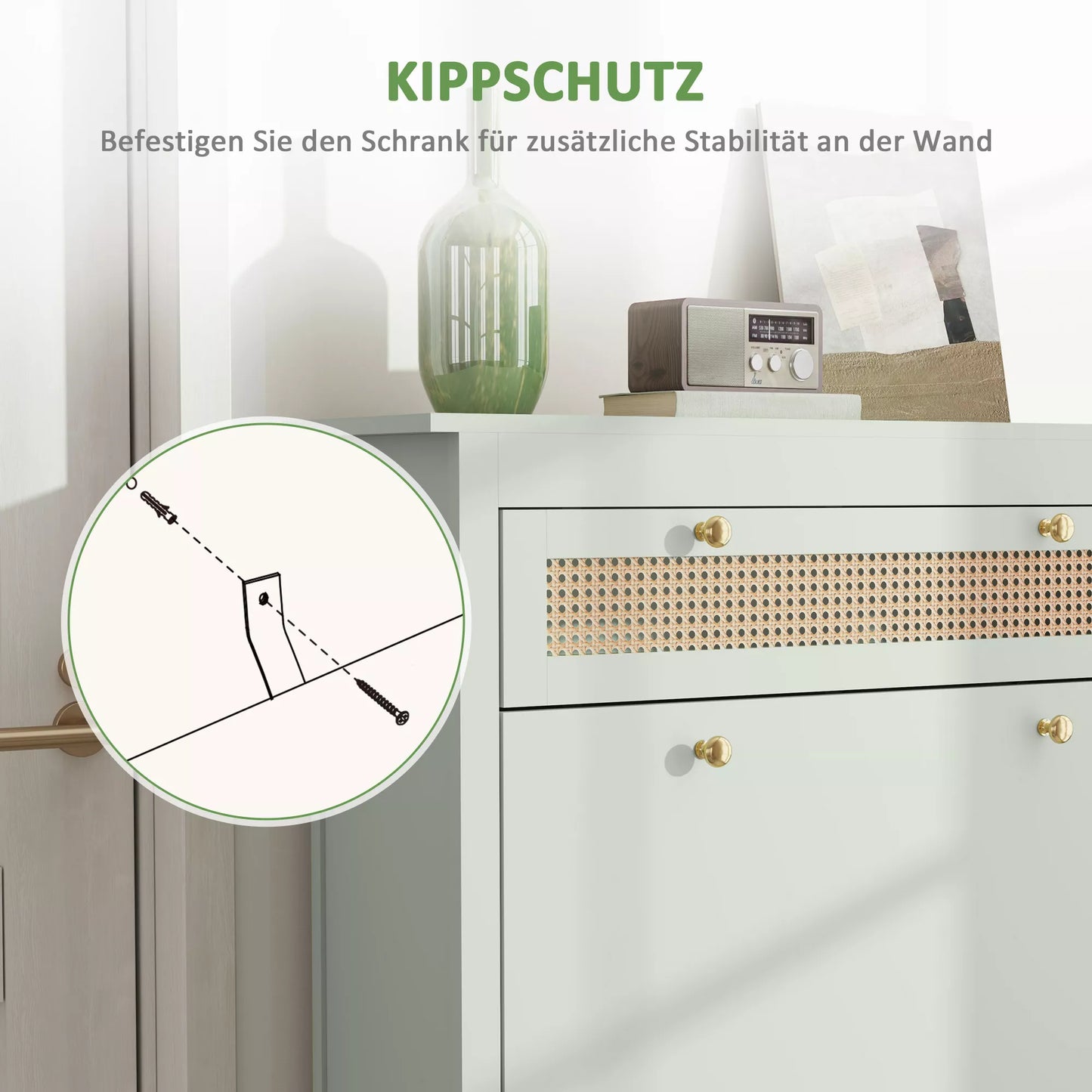 Batų spintelė 12 poroms batų, su 1 ištraukiama stalčiumi, 2 atverčiamais stalčiais, batų komoda, 88 x 30 x 120 cm, žalia