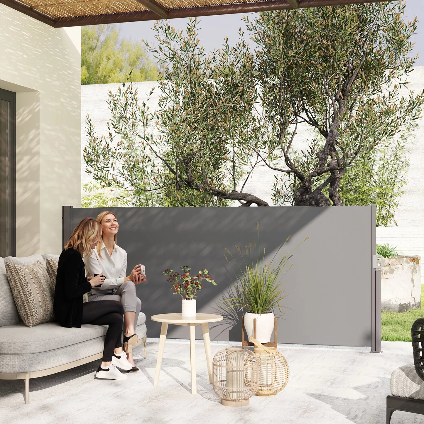 Ištraukiama šoninė markizė, nepermatoma, apsauganti privatumą, su sieniniu laikikliu, dengta, 300x140cm, tamsiai pilka