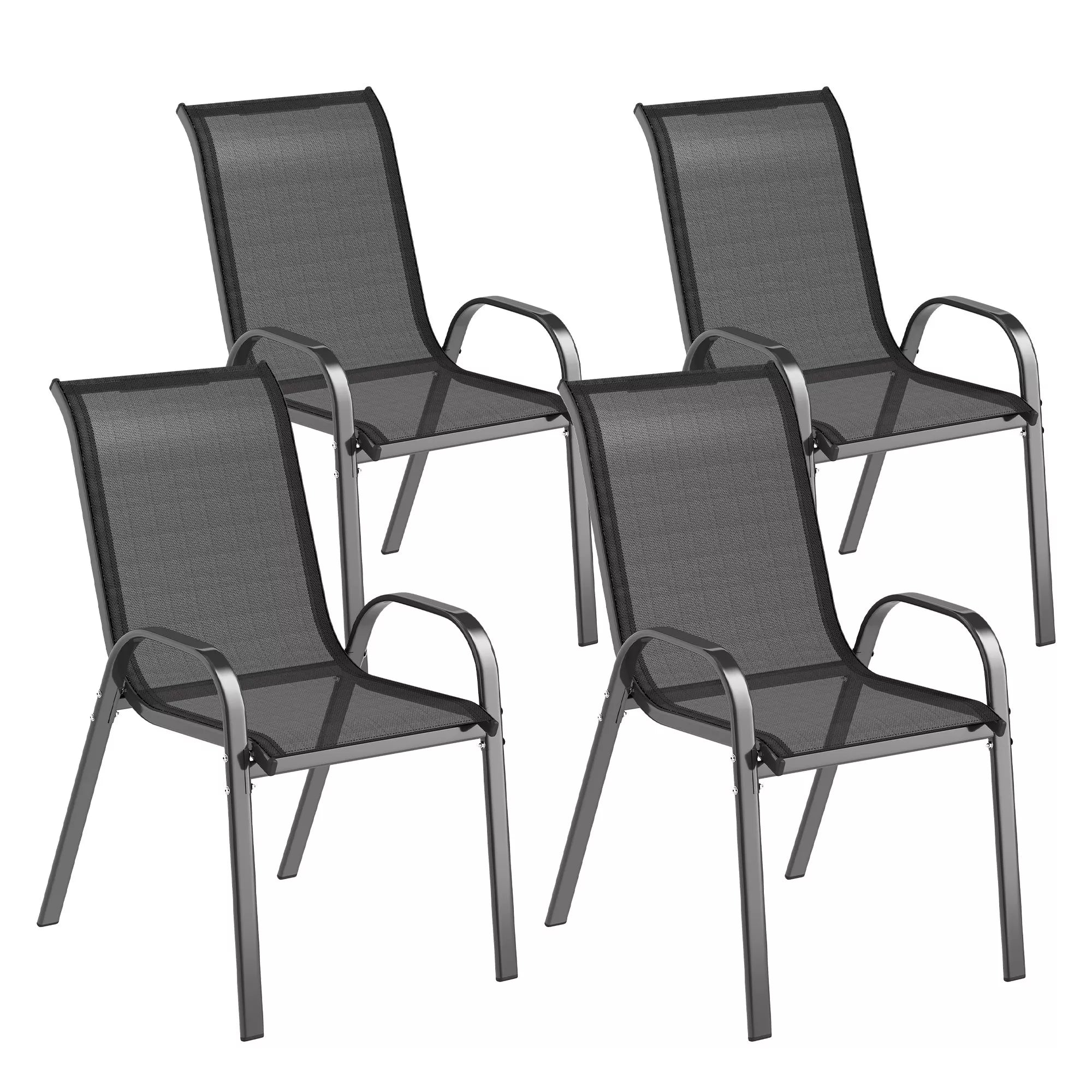 Lauko ir sodo kėdės 4 vnt., sustatomos plieninės su porankiais, iki 120 kg, juodos spalvos