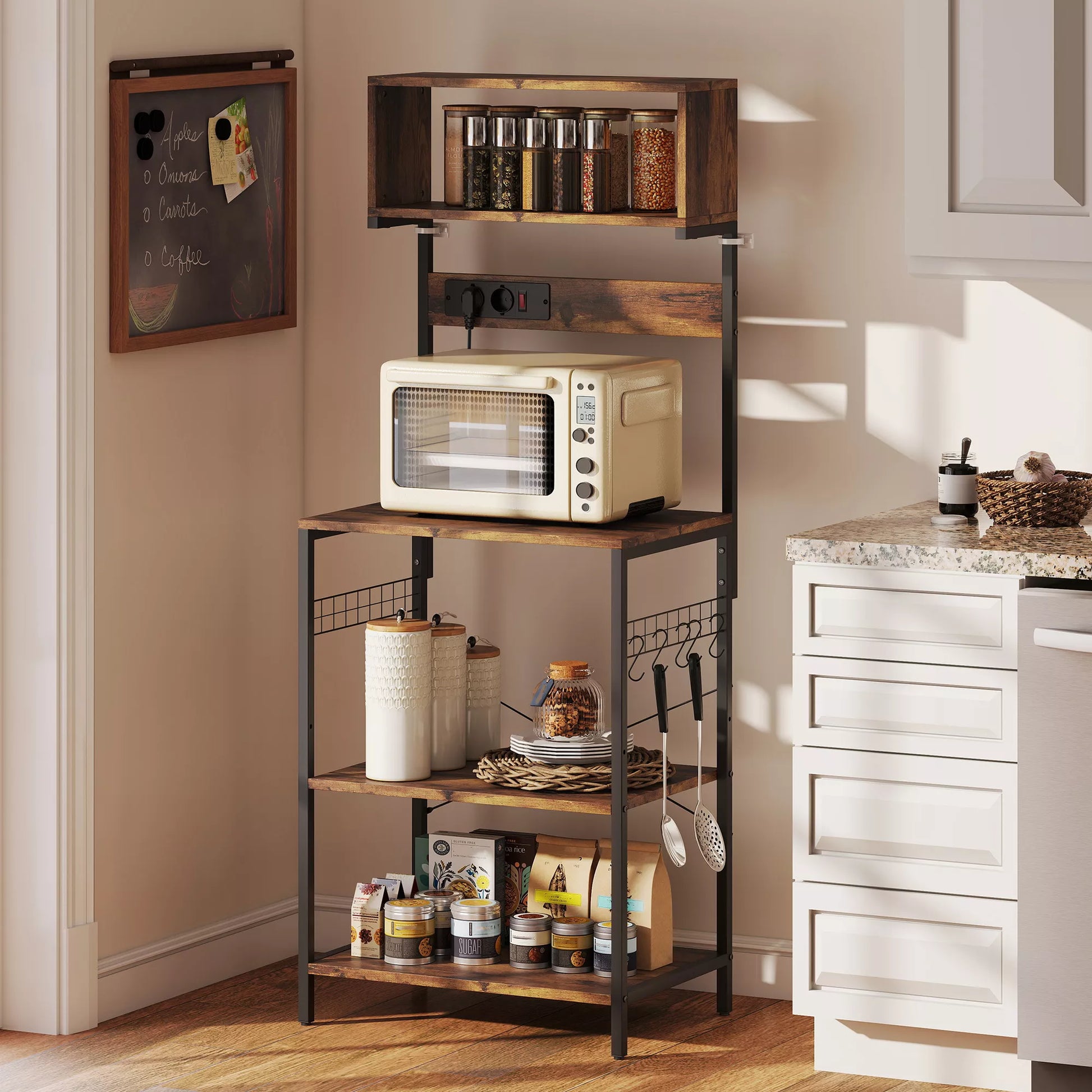 Virtuvės lentynos, stovas su 5 S formos kabliais, 5 lentynomis, rozete, pagamintas iš plieno, rusvos spalvos, 60 x 42 x 153 cm