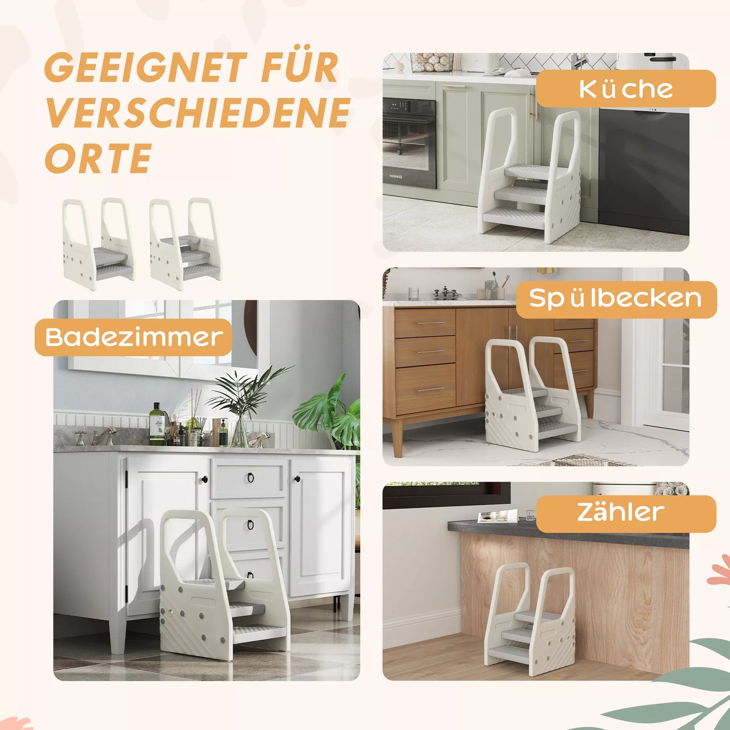 Vaikštiškas neslystantis pakojis su rankena, reguliuojamas iš 3 į 2 pakopas, tinkamas ivairioms patalpoms, pilkos spalvos, pagamintas iš plastiko.