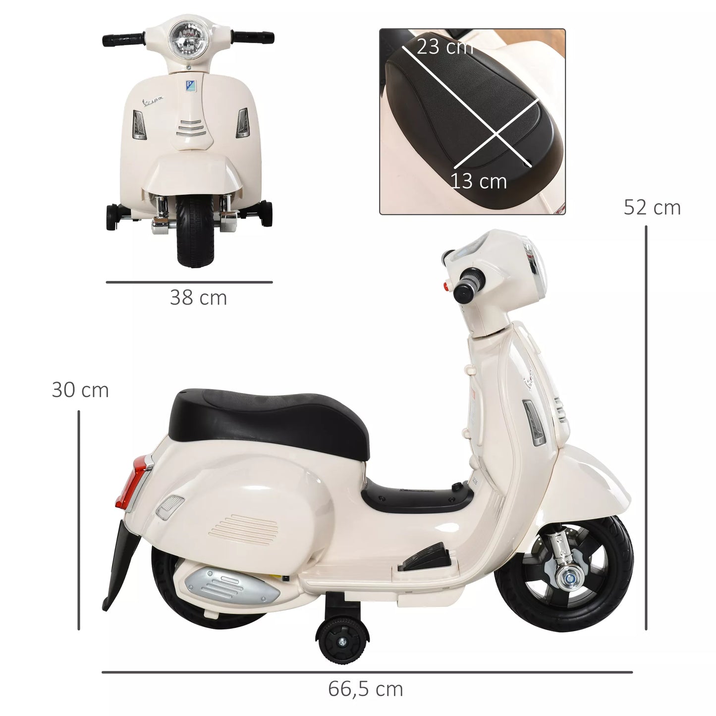 Elektrinis vaikiškas motoroleris Vespa su LED apšvietimu, garsu, vaikams nuo 18-36 mėn., baltas