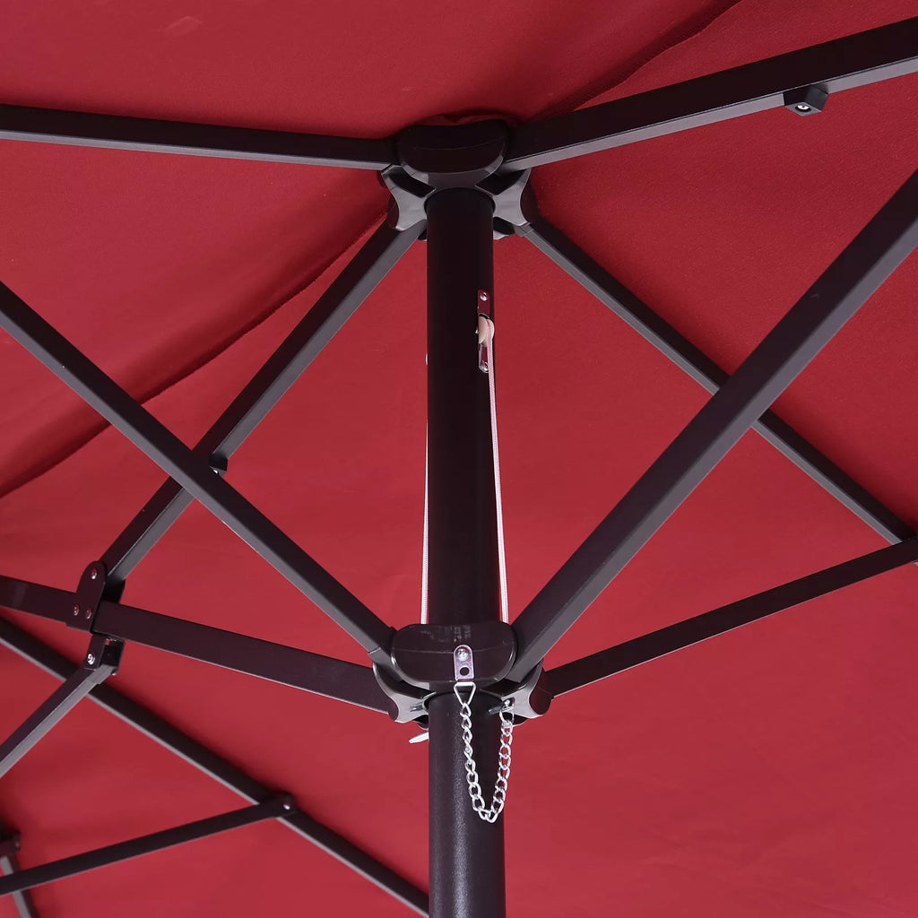 Dvigubas skėtis nuo saulės 455 x 270 cm Sodo skėtis su rankine ovalios formos tvirta metaline strypu Turgaus skėtis Dvigubas skėtis nuo saulės Terasos skėtis Apsauga nuo saulės paplūdimyje, balkone, terasoje, sode Vyno raudonos spalvos