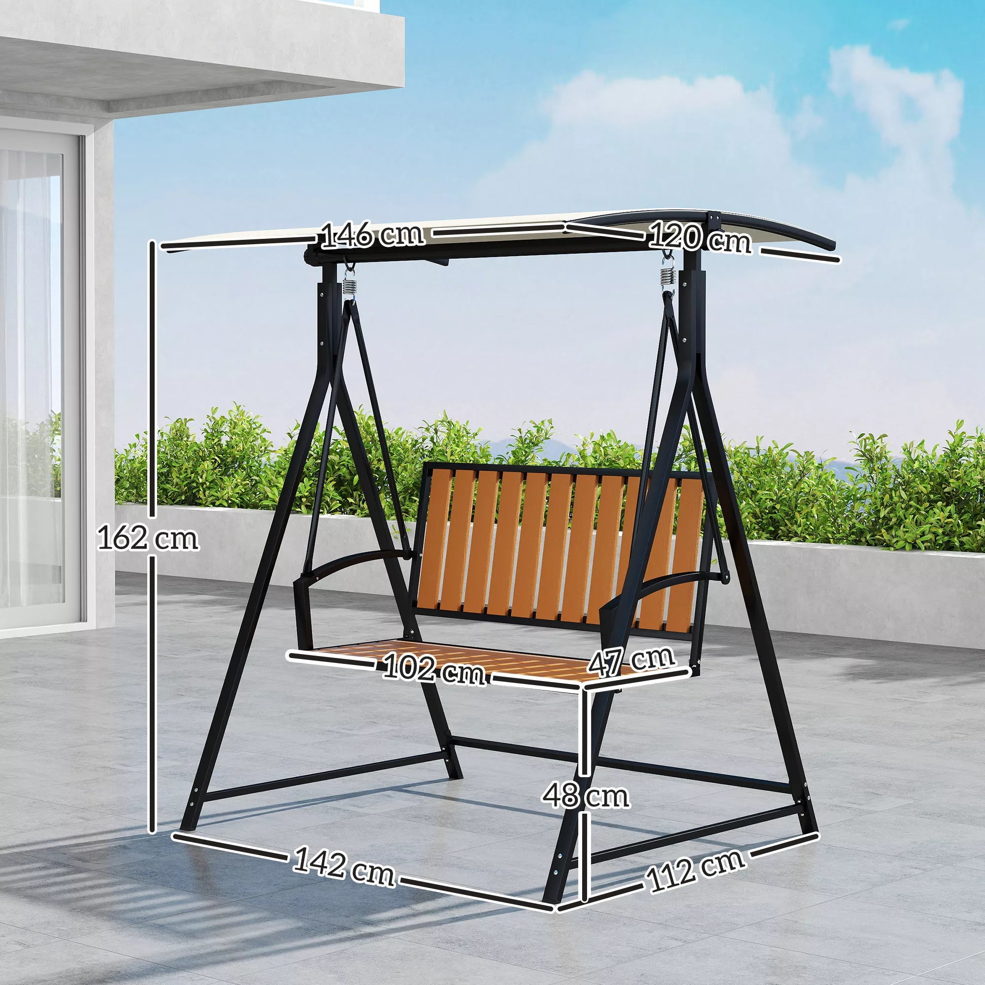 Lauko, sodo  sūpynės su reguliuojamu stogu nuo saulės, 2 vietos sodo sūpynės 142 x 112 x 162 cm, juodos spalvos