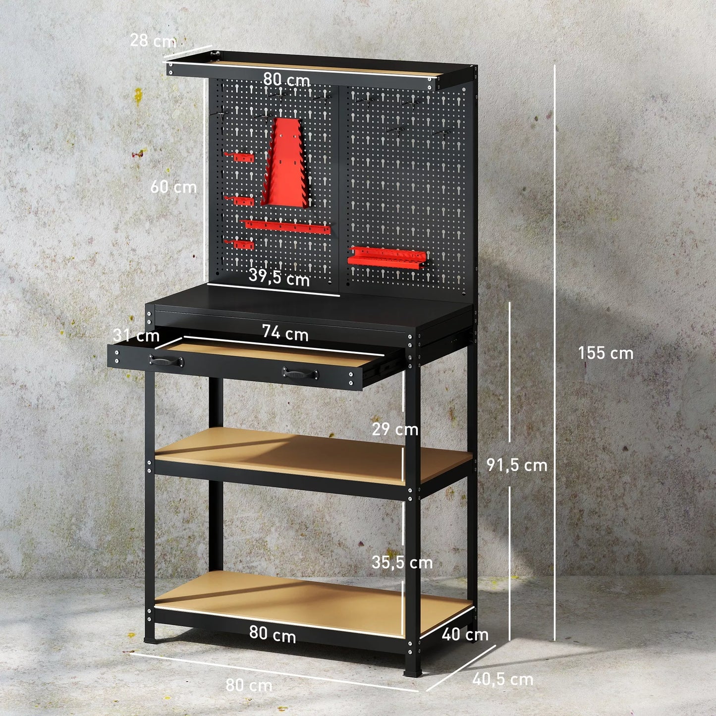Įrankių stalas 80 x 40,5 x 155 cm, su perforuota sienele, kabliukais, stalčiumi, 2 lentynomis dirbtuvėms, juodas
