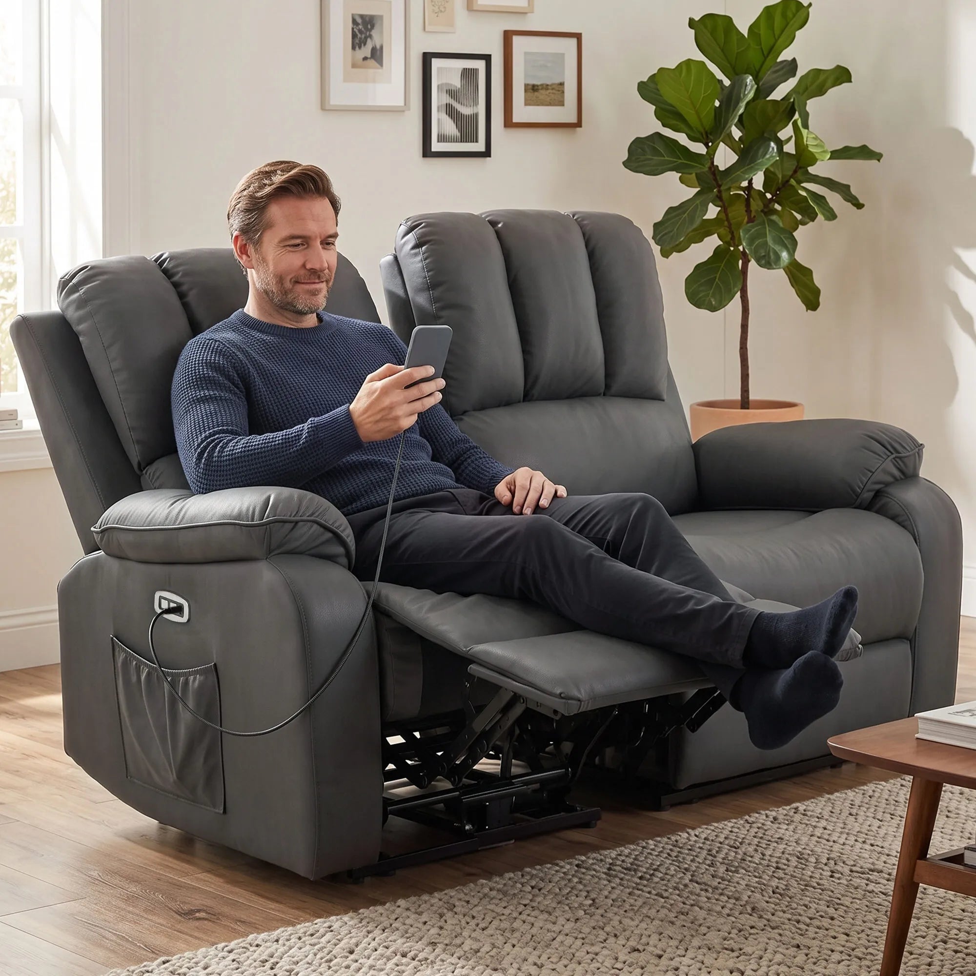Elektrinė sofa-reglaineris dviem su masažu ir šildymu, USB ir USB-C