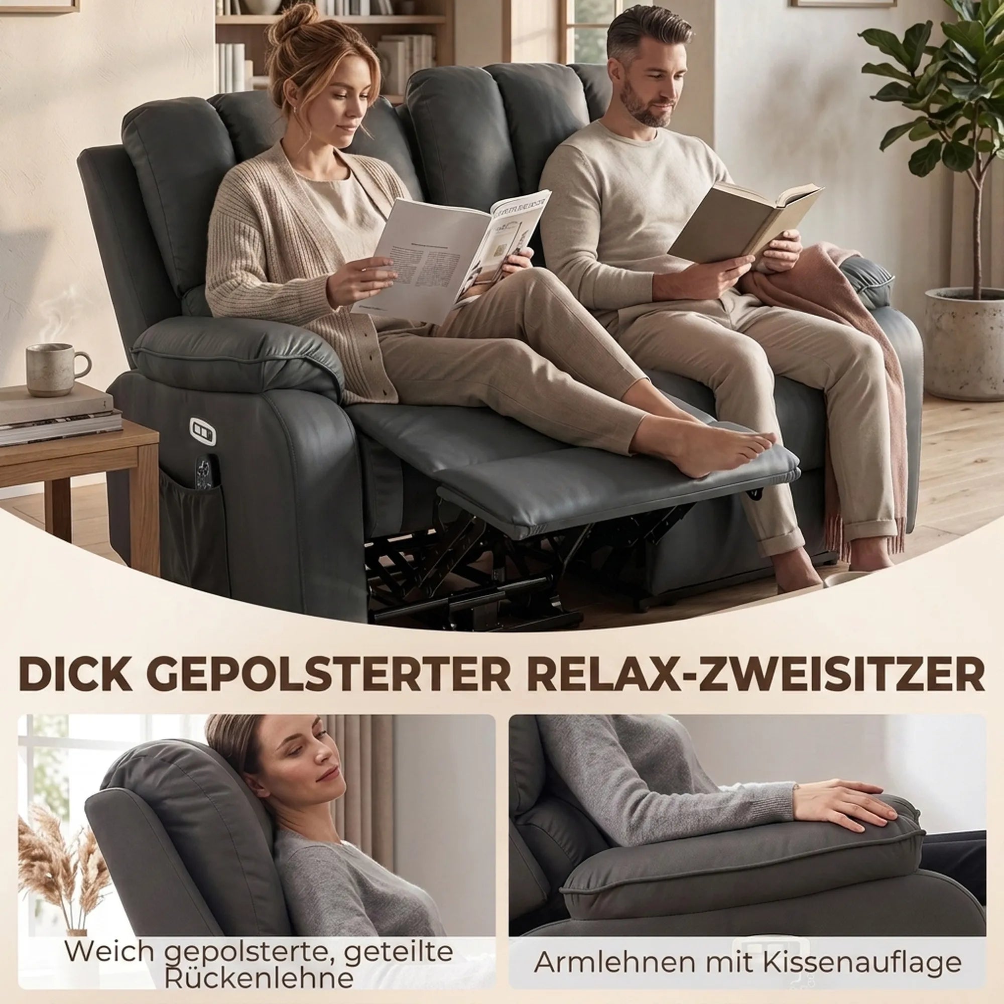 Elektrinė sofa-reglaineris dviem su masažu ir šildymu, USB ir USB-C