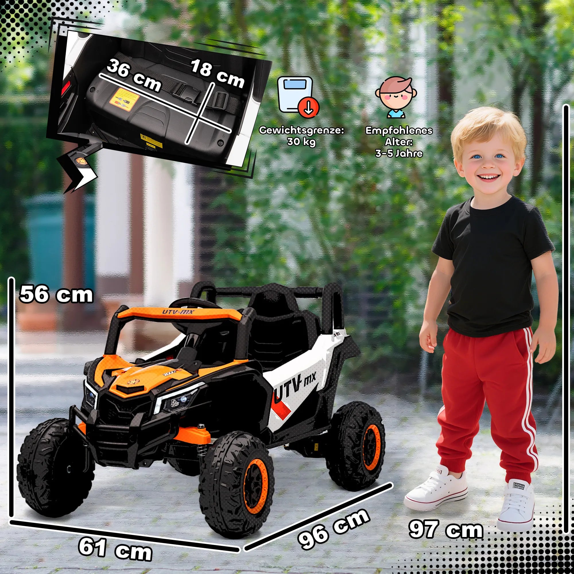 Elektrinis automobilis vaikams 3–5 metų, iki 30 kg, oranžinis 12V