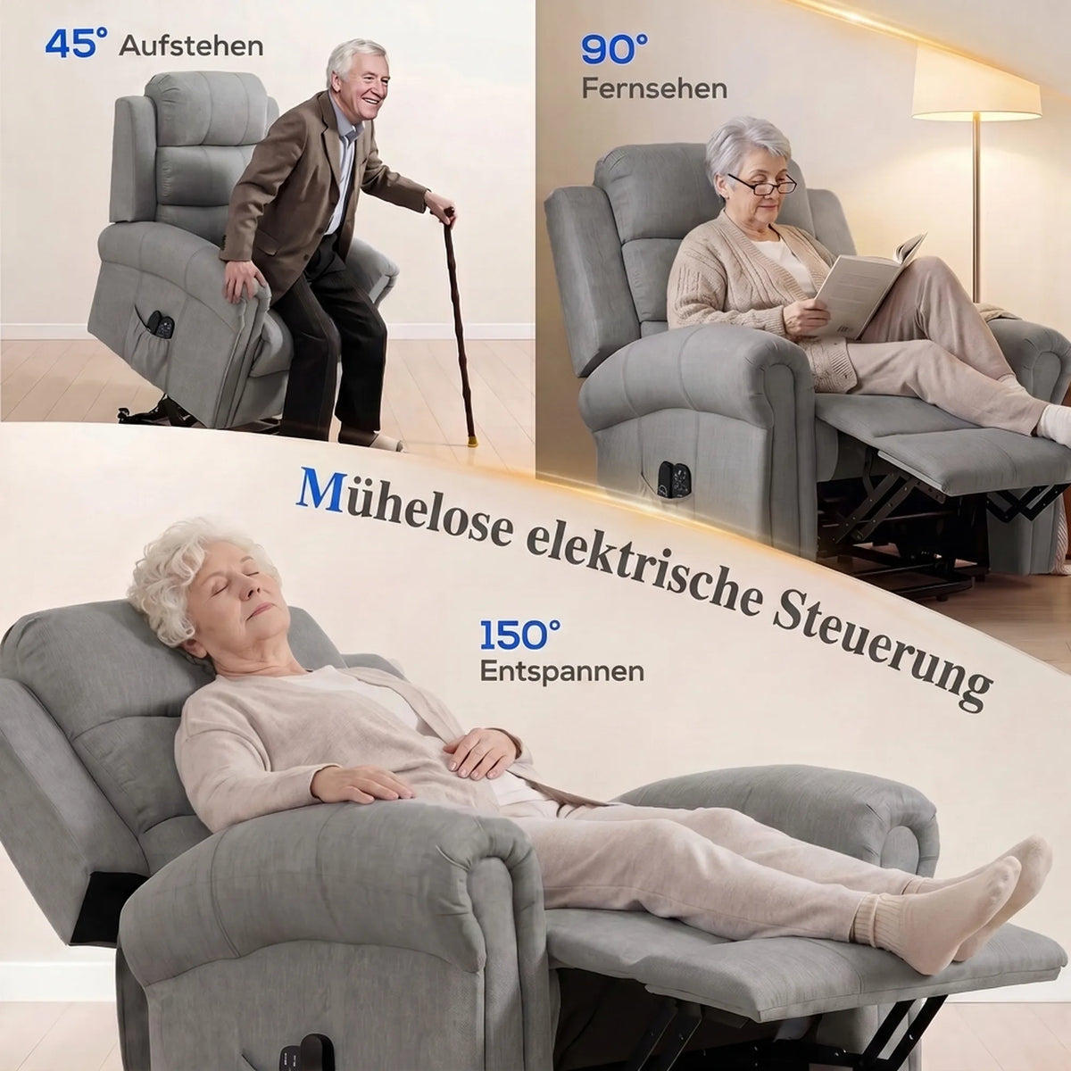 Elektrinis fotelis reglaineris su masažu ir šildymu, 45–150°, šviesiai pilkas