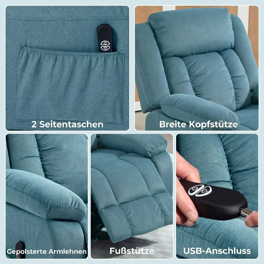 Elektrinis fotelis su atsistojimo funkcija, veliūrinis, mėlynas