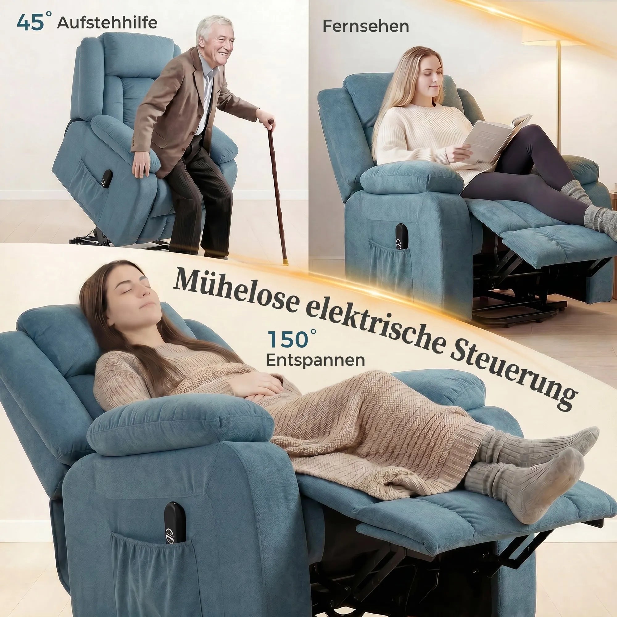 Elektrinis fotelis su atsistojimo funkcija, veliūrinis, mėlynas
