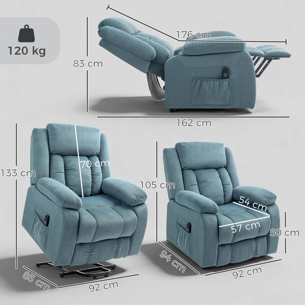 Elektrinis fotelis su atsistojimo funkcija, veliūrinis, mėlynas