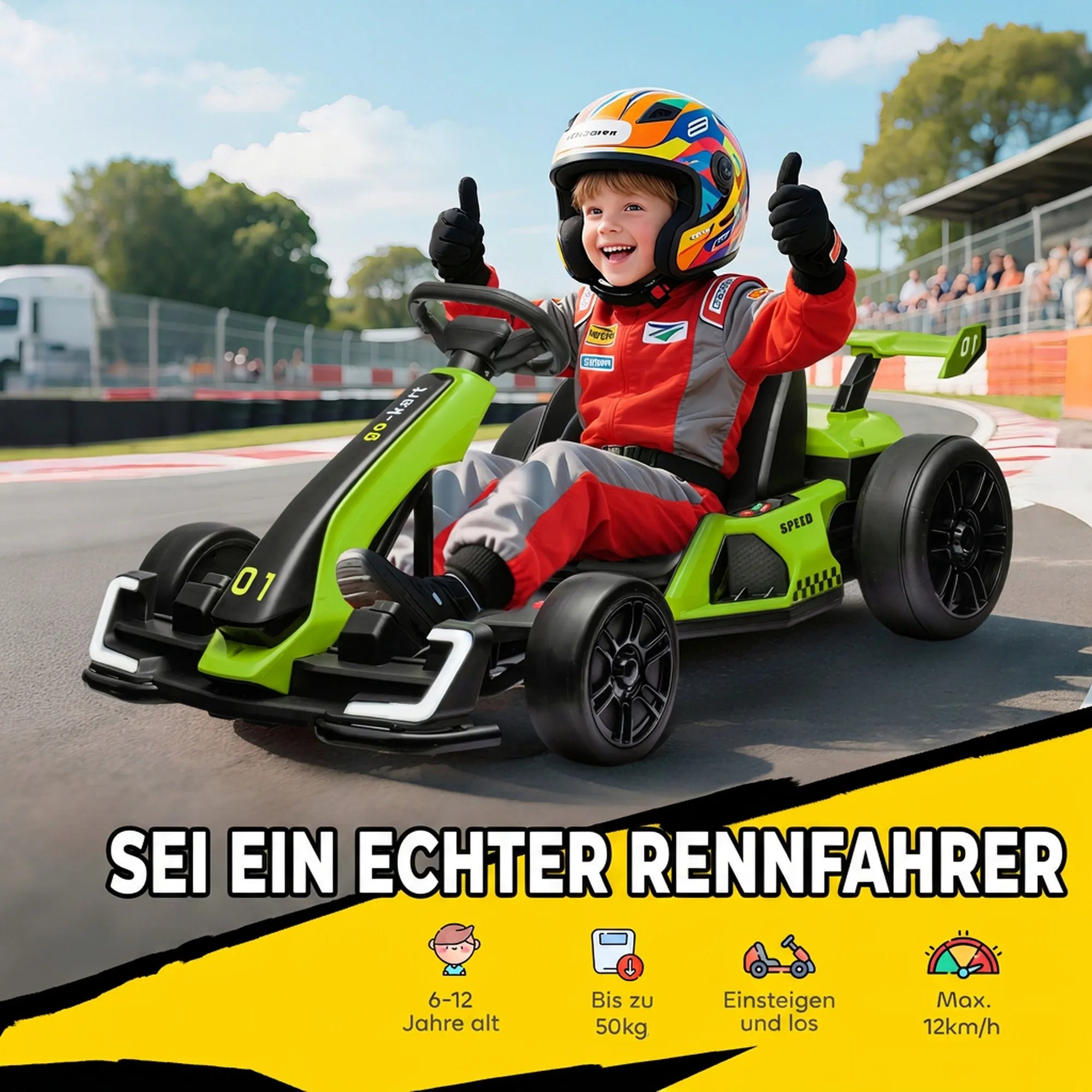 Elektrinis kartingas vaikams 6–12 metų, su drifto funkcija, žalias