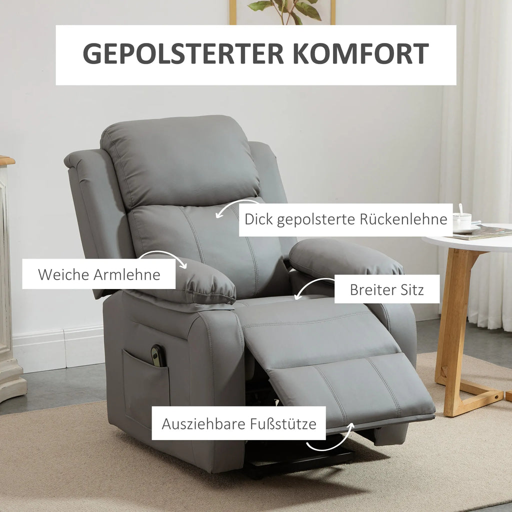 Elektrinis kėdė su pakėlimo funkcija, nuotolinio valdymo pultas, dirbtinės odos apmušalas, minkšta kėdė su pakėlimo funkcija, pilka