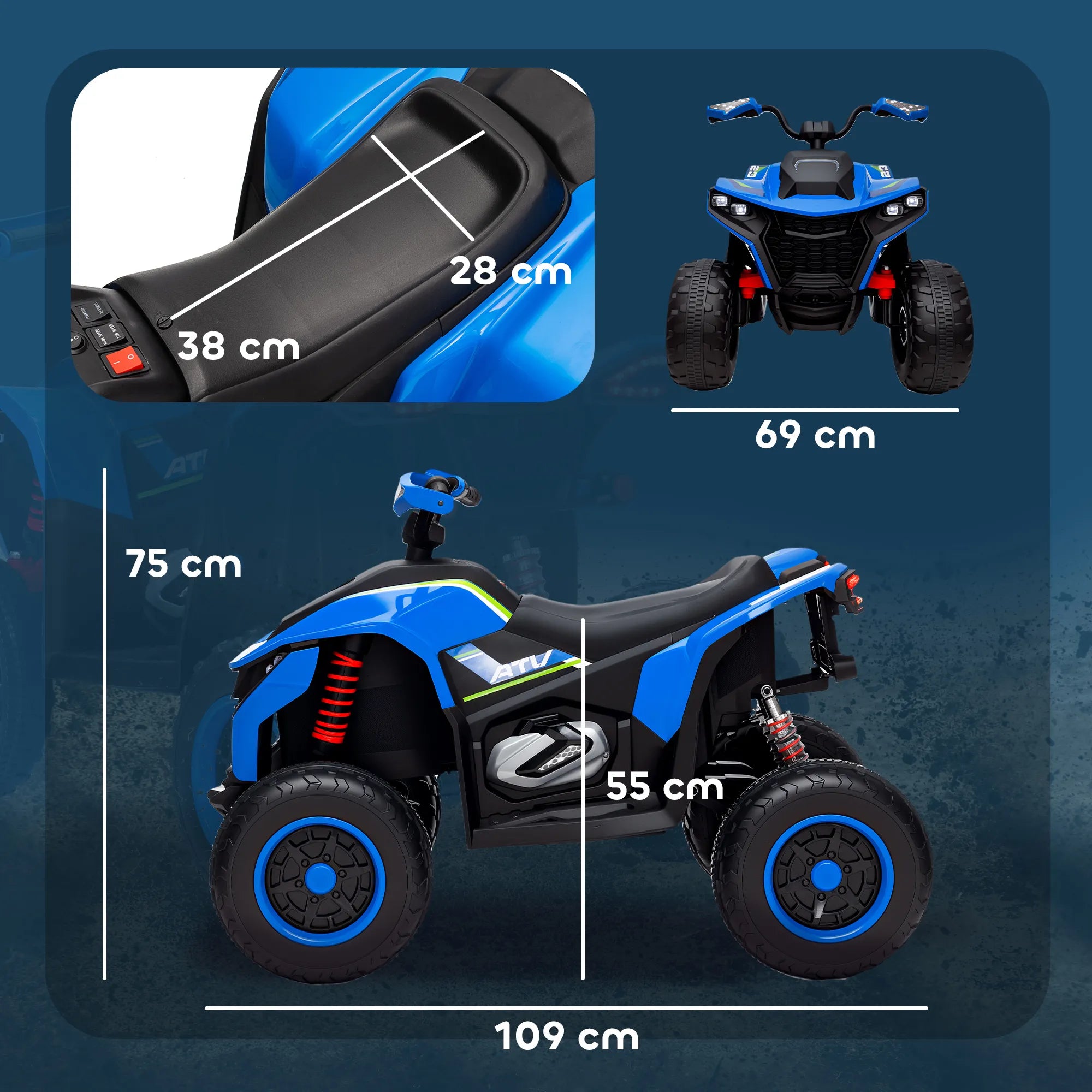 Elektrinis keturratis vaikams 3-8 metų, 50 kg, mėlynas