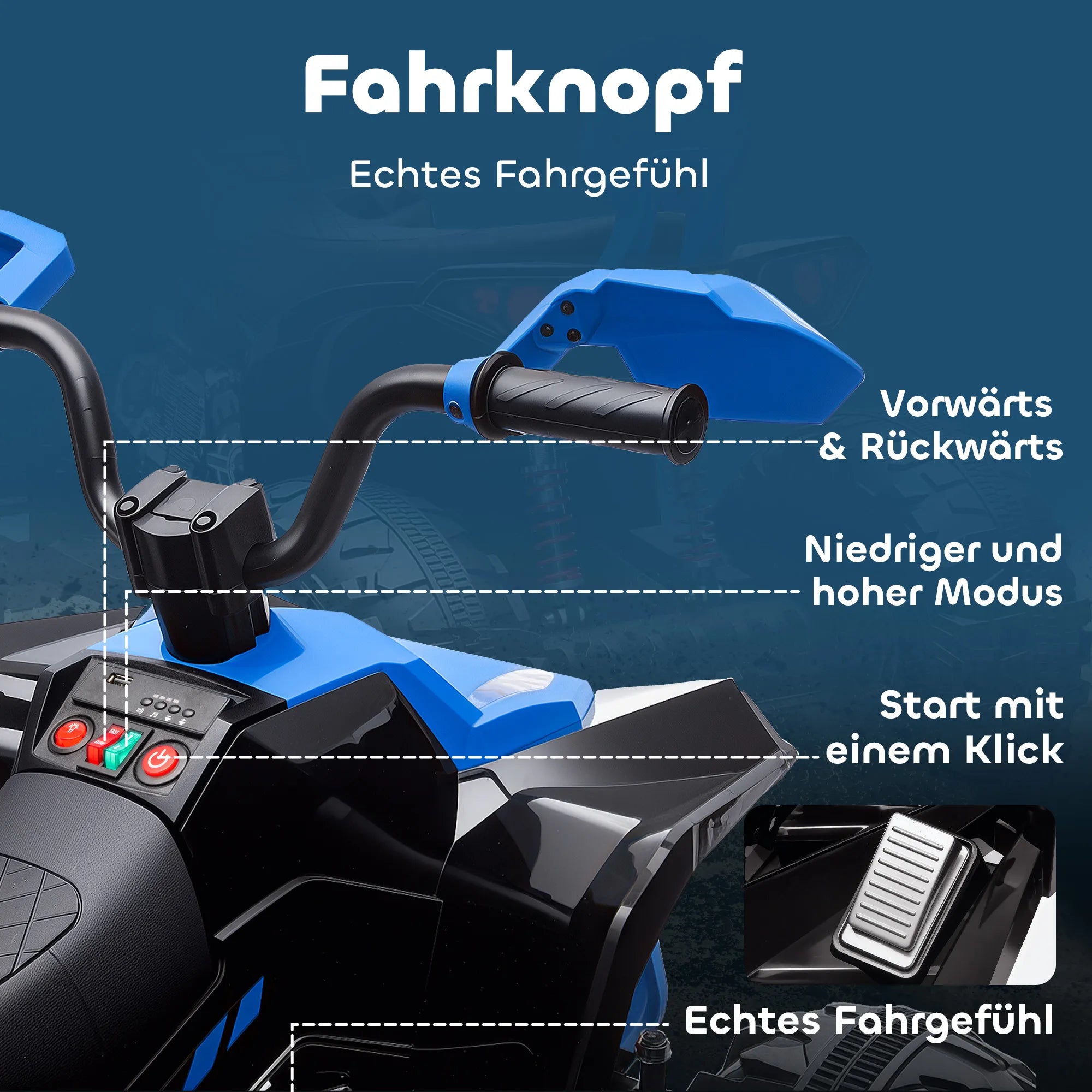 Elektrinis keturratis vaikams 3-8 metų, dvivietis, iki 50 kg, mėlynas 24V 6,5 km/h
