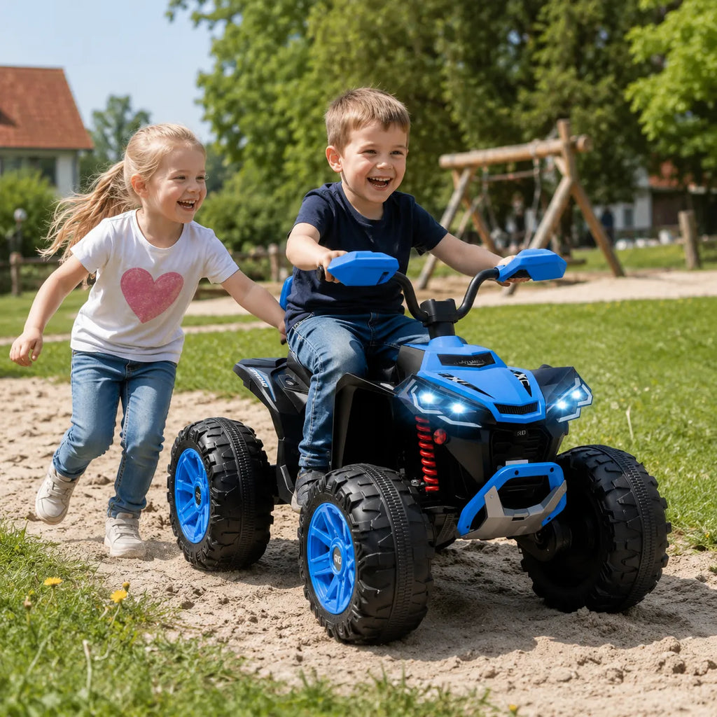 Elektrinis keturratis vaikams 3-8 metų, dvivietis, iki 50 kg, mėlynas 24V 6,5 km/h