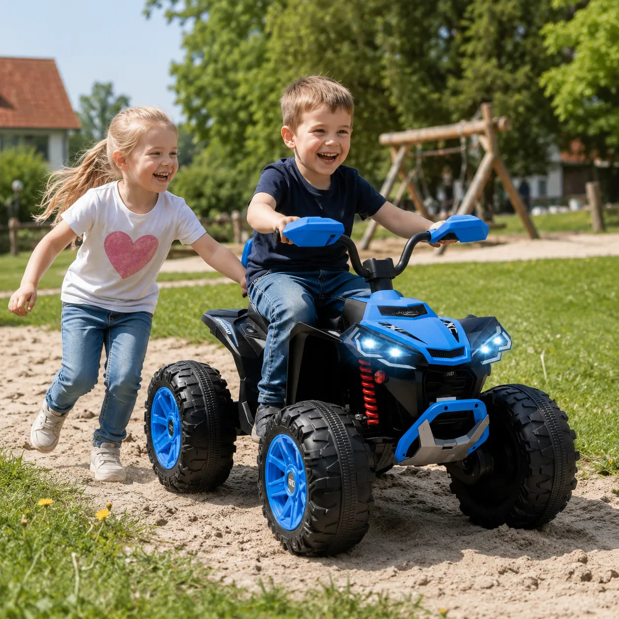 Elektrinis keturratis vaikams 3-8 metų, dvivietis, iki 50 kg, mėlynas 24V 6,5 km/h