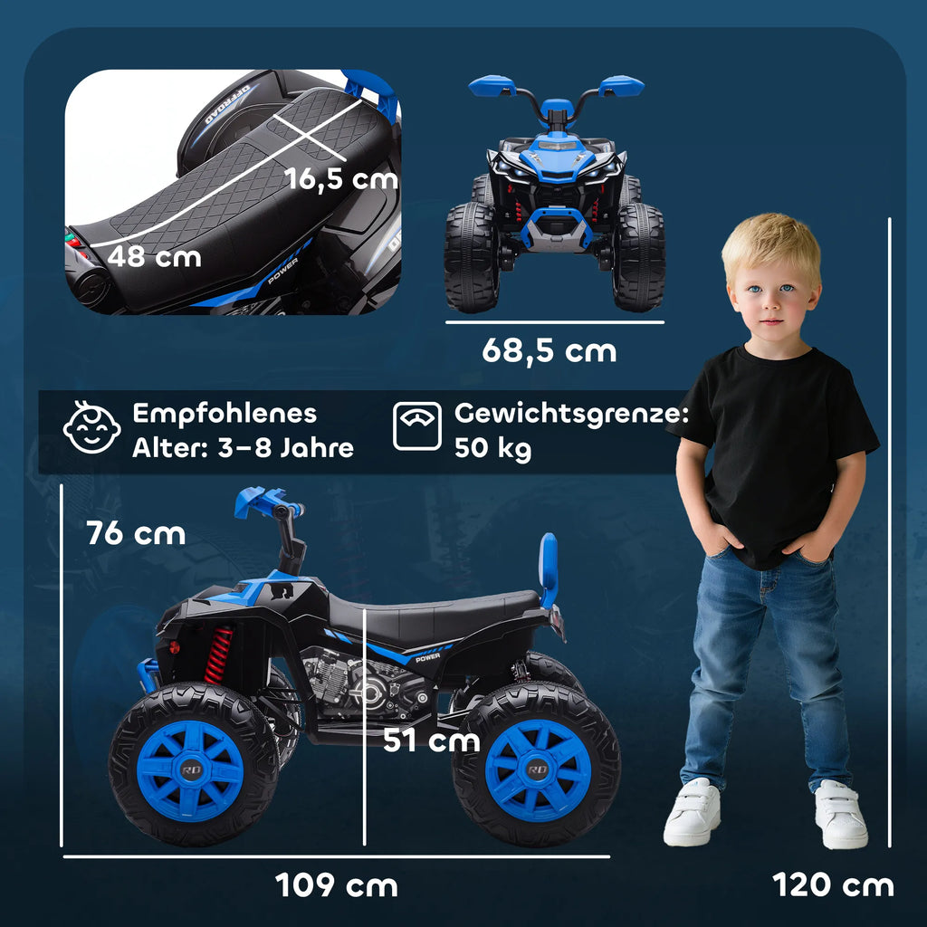 Elektrinis keturratis vaikams 3-8 metų, dvivietis, iki 50 kg, mėlynas 24V 6,5 km/h
