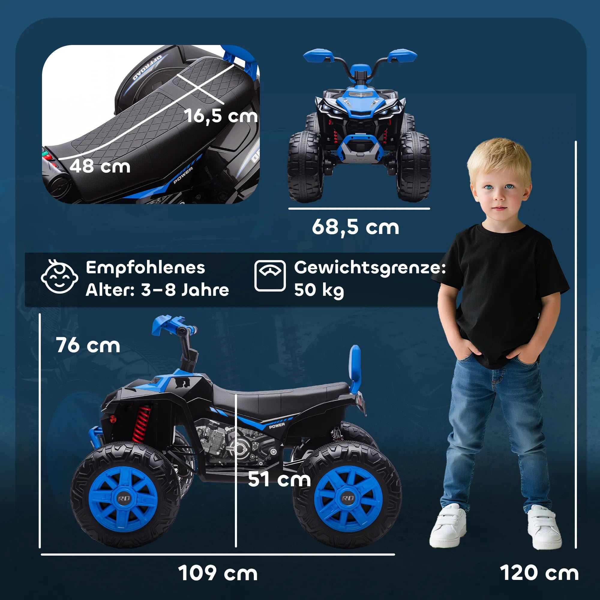 Elektrinis keturratis vaikams 3-8 metų, dvivietis, iki 50 kg, mėlynas 24V 6,5 km/h