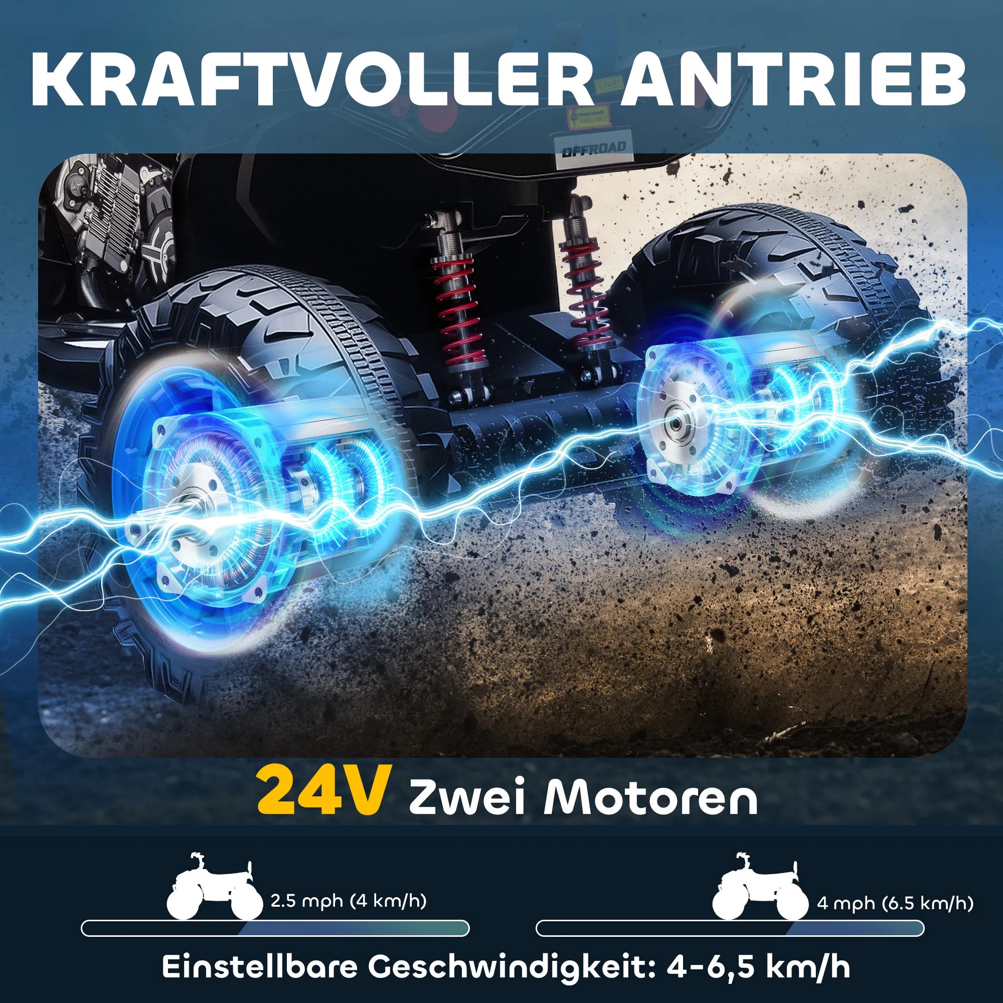 Elektrinis keturratis vaikams 3-8 metų, dvivietis, iki 50 kg, mėlynas 24V 6,5 km/h