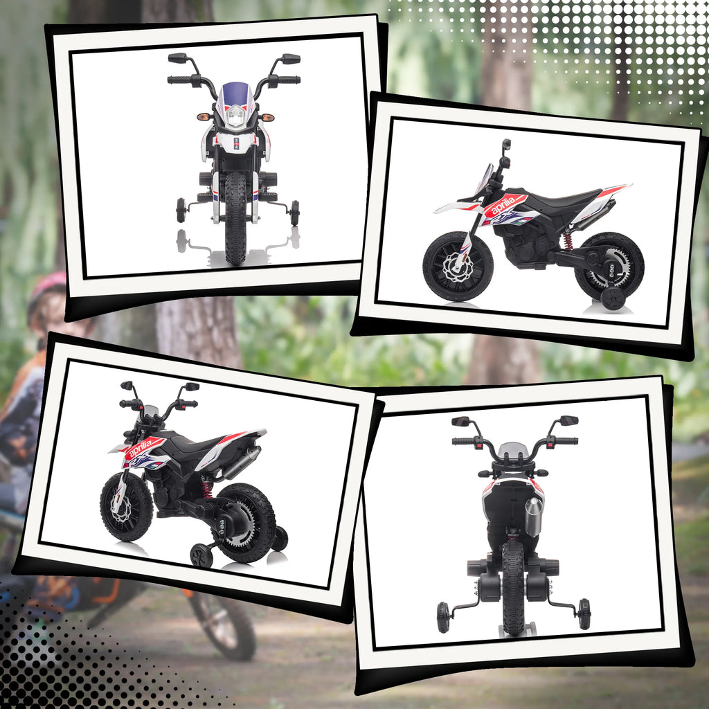 Elektrinis motociklas Aprilia 3–8 metų vaikams, iki 30 kg, baltas