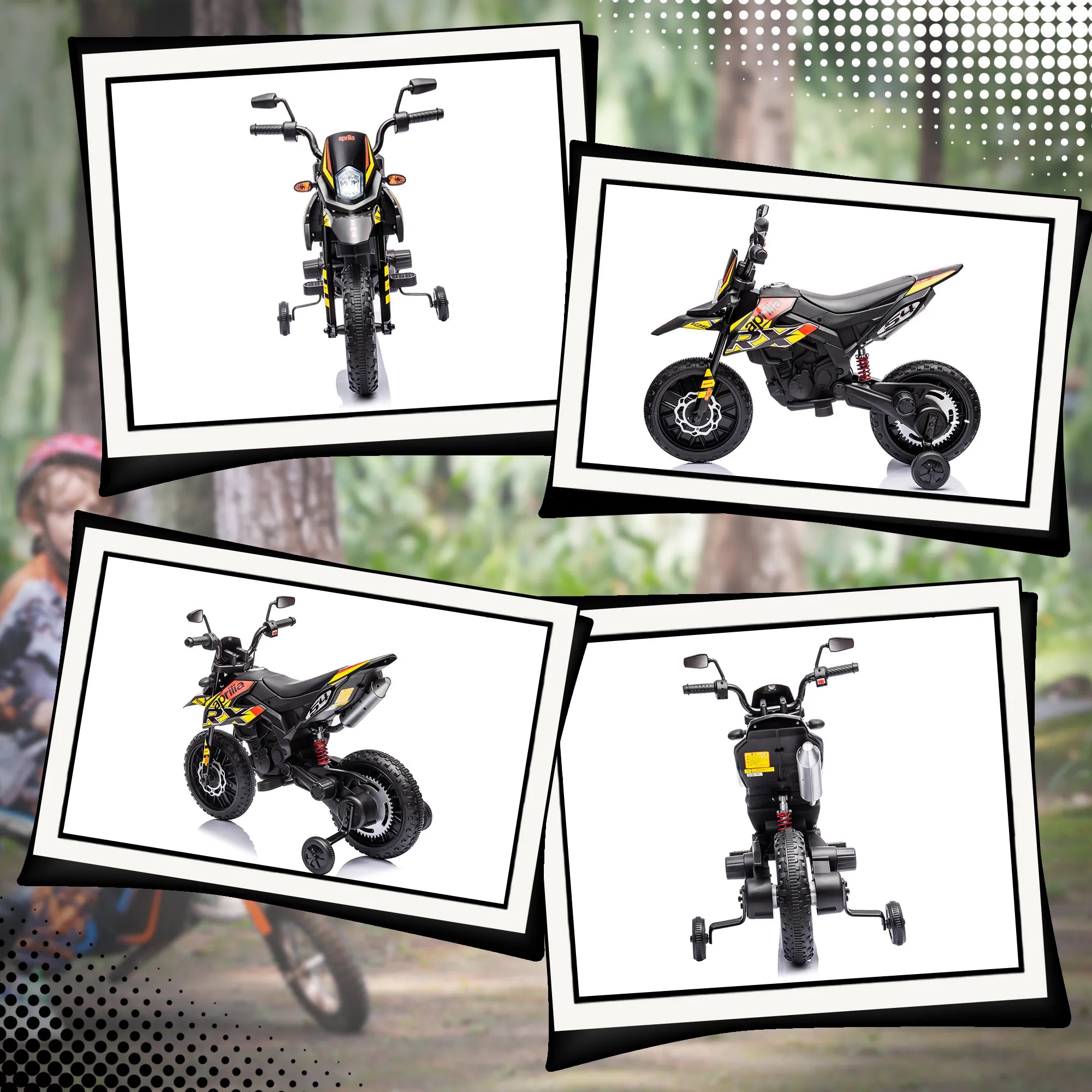 Elektrinis motociklas Aprilia vaikams 37–96 mėn., iki 30 kg, geltonas