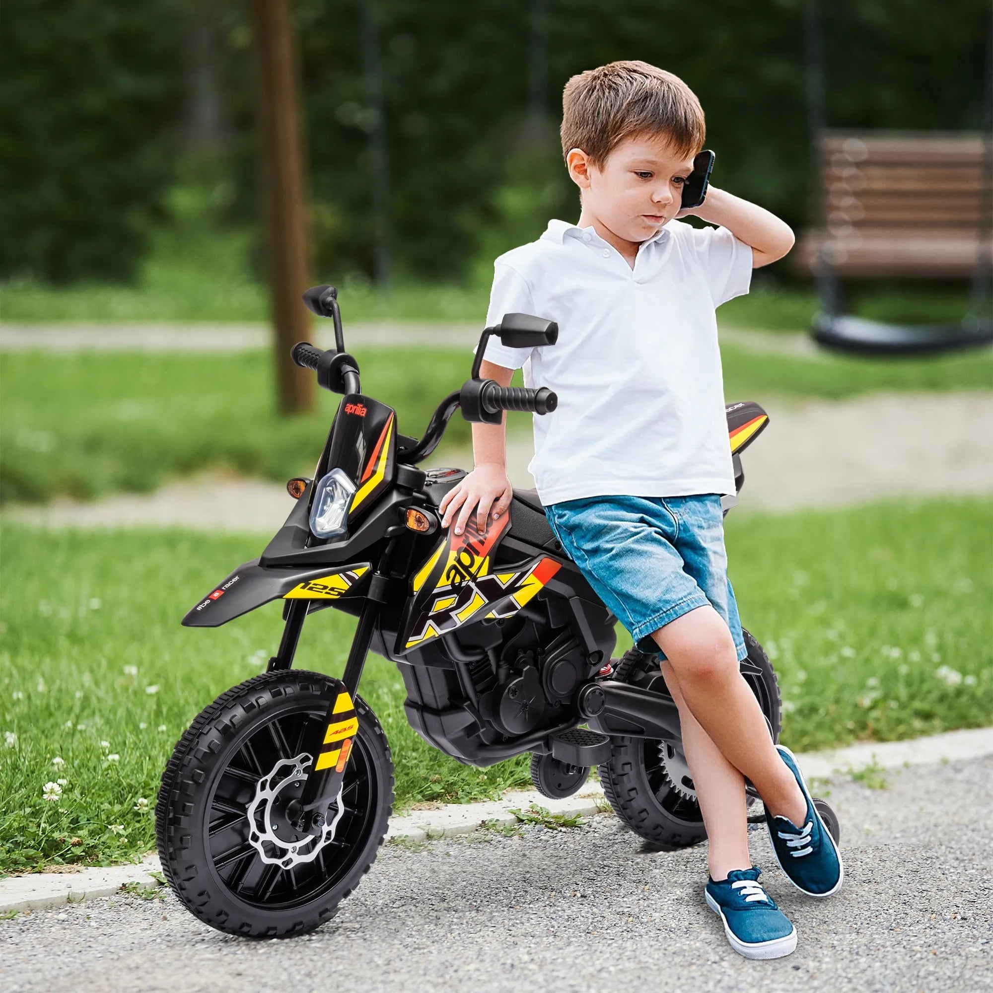Elektrinis motociklas Aprilia vaikams 37–96 mėn., iki 30 kg, geltonas