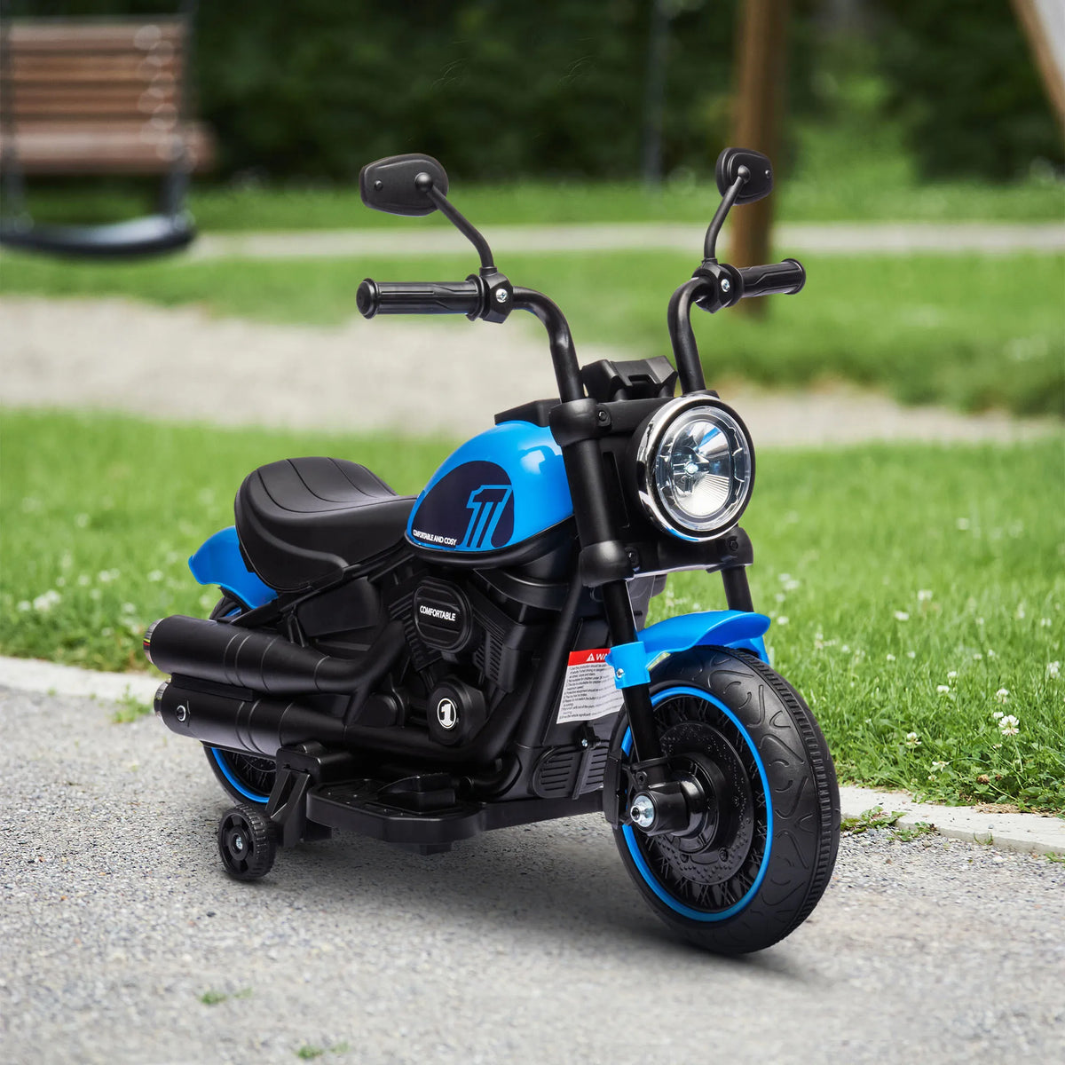 Elektrinis motociklas vaikams 18-36 mėn., su atraminiais ratukais, mėlynas