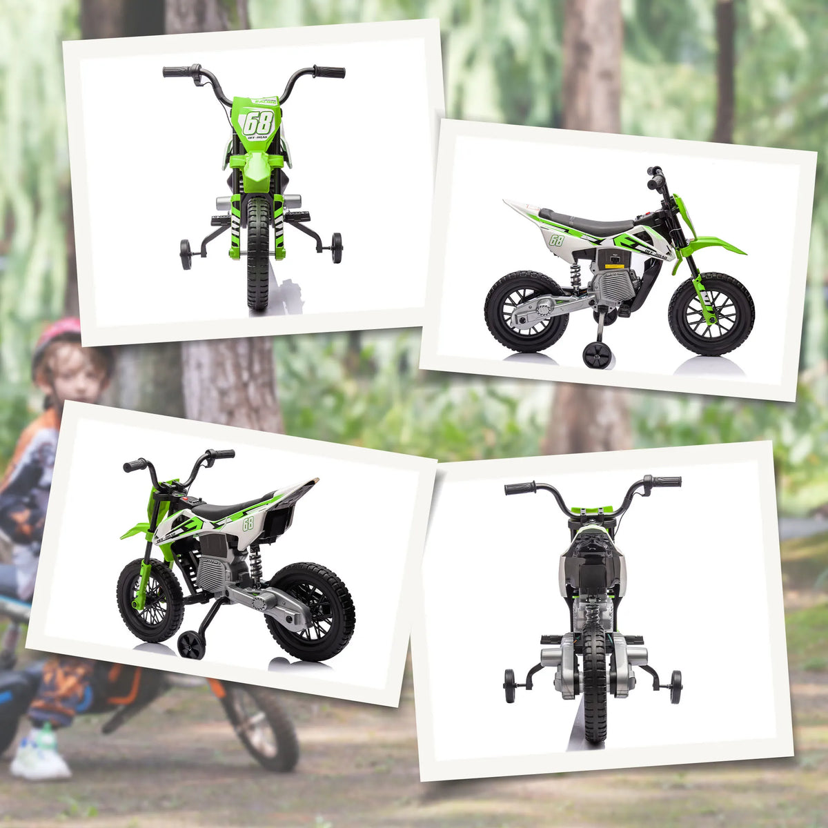 Elektrinis motociklas vaikams 3–6 metų, su pagalbiniais ratukais, žalias, iki 30 kg