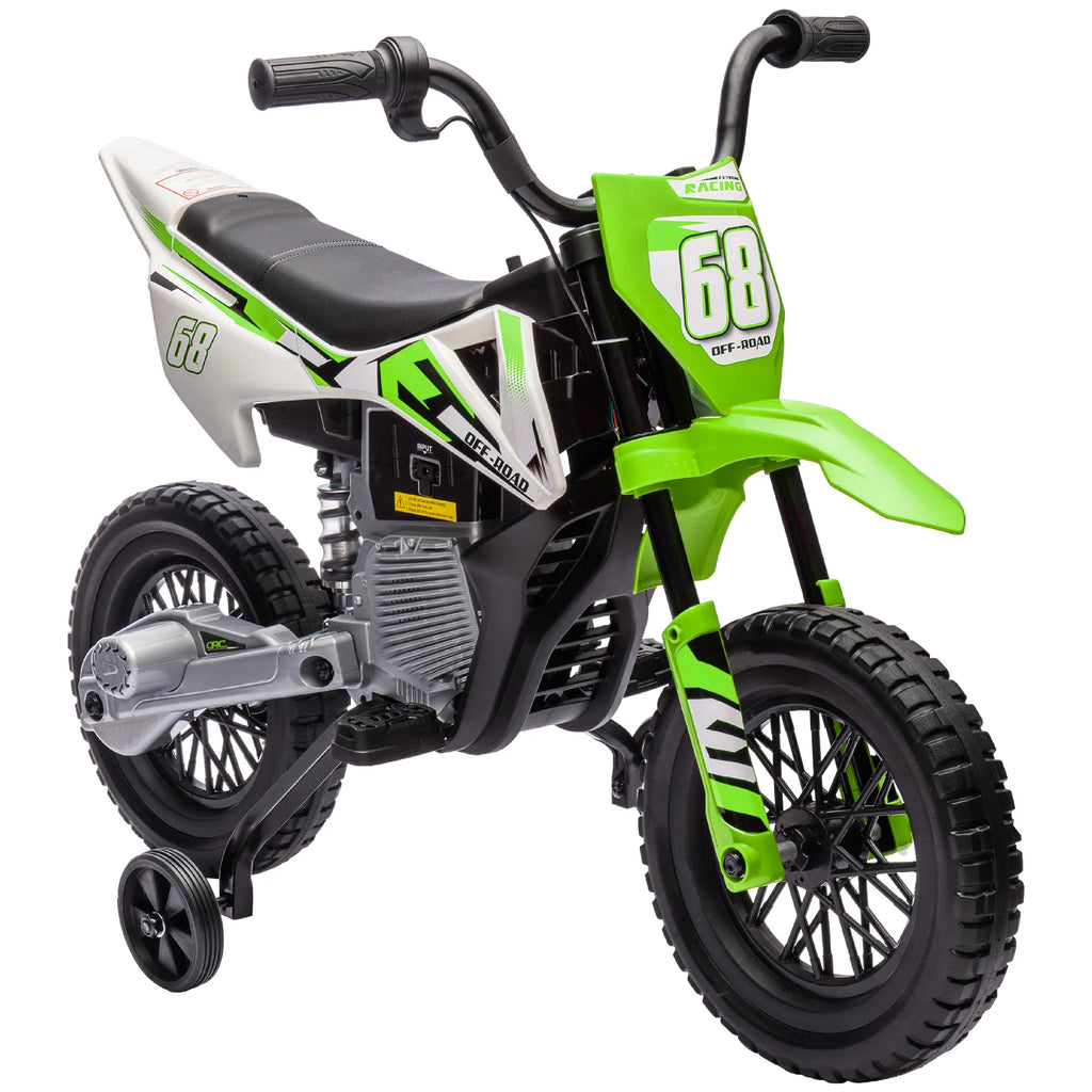 Elektrinis motociklas vaikams 3–6 metų, su pagalbiniais ratukais, žalias, iki 30 kg