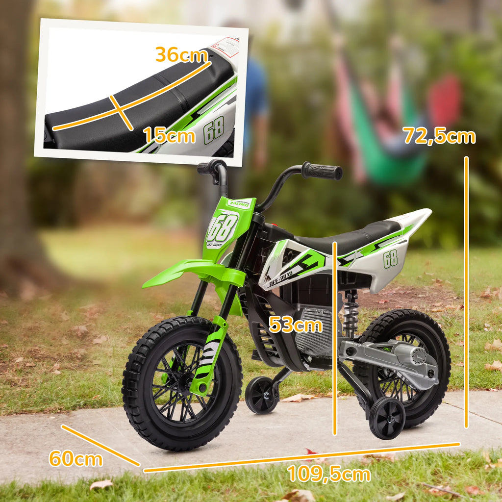 Elektrinis motociklas vaikams 3–6 metų, su pagalbiniais ratukais, žalias, iki 30 kg