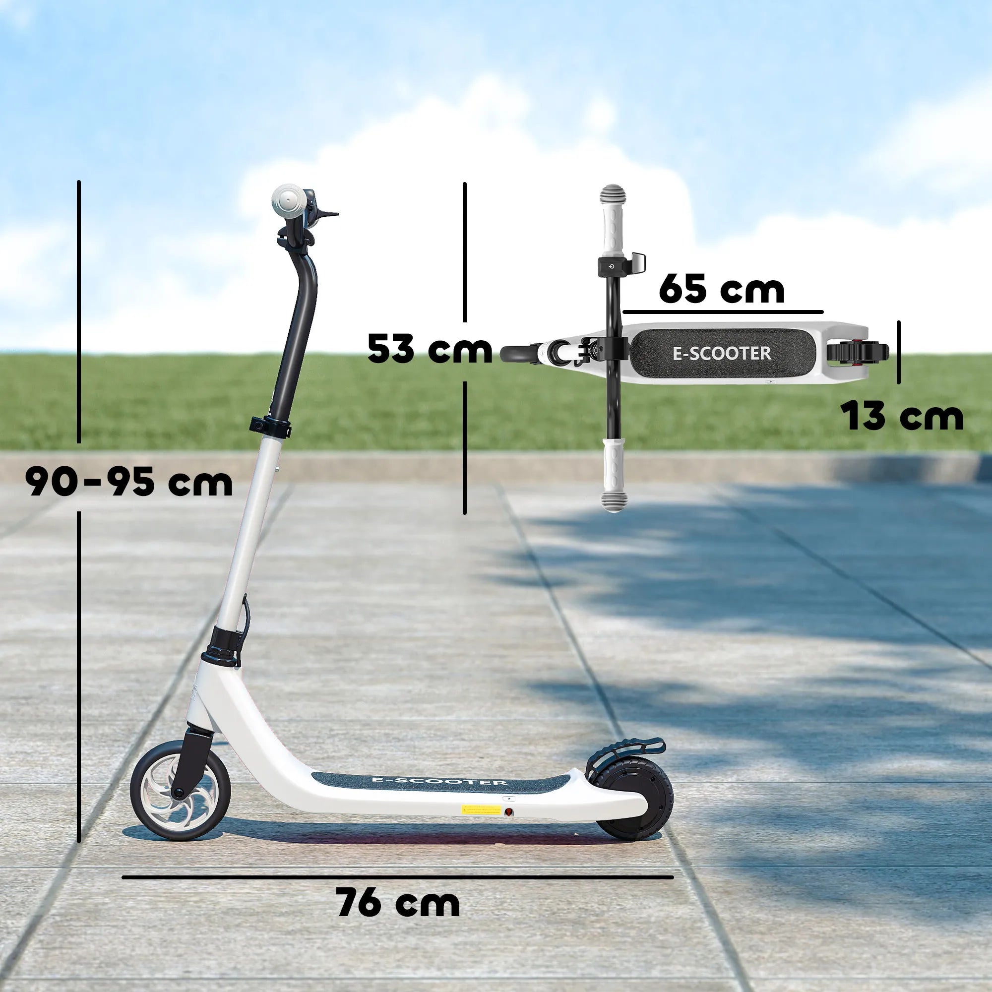 Matmenų schema rodo paspirtuko aukštį 90–95 cm, ilgį 76 cm ir sulankstyto plotį 65 cm