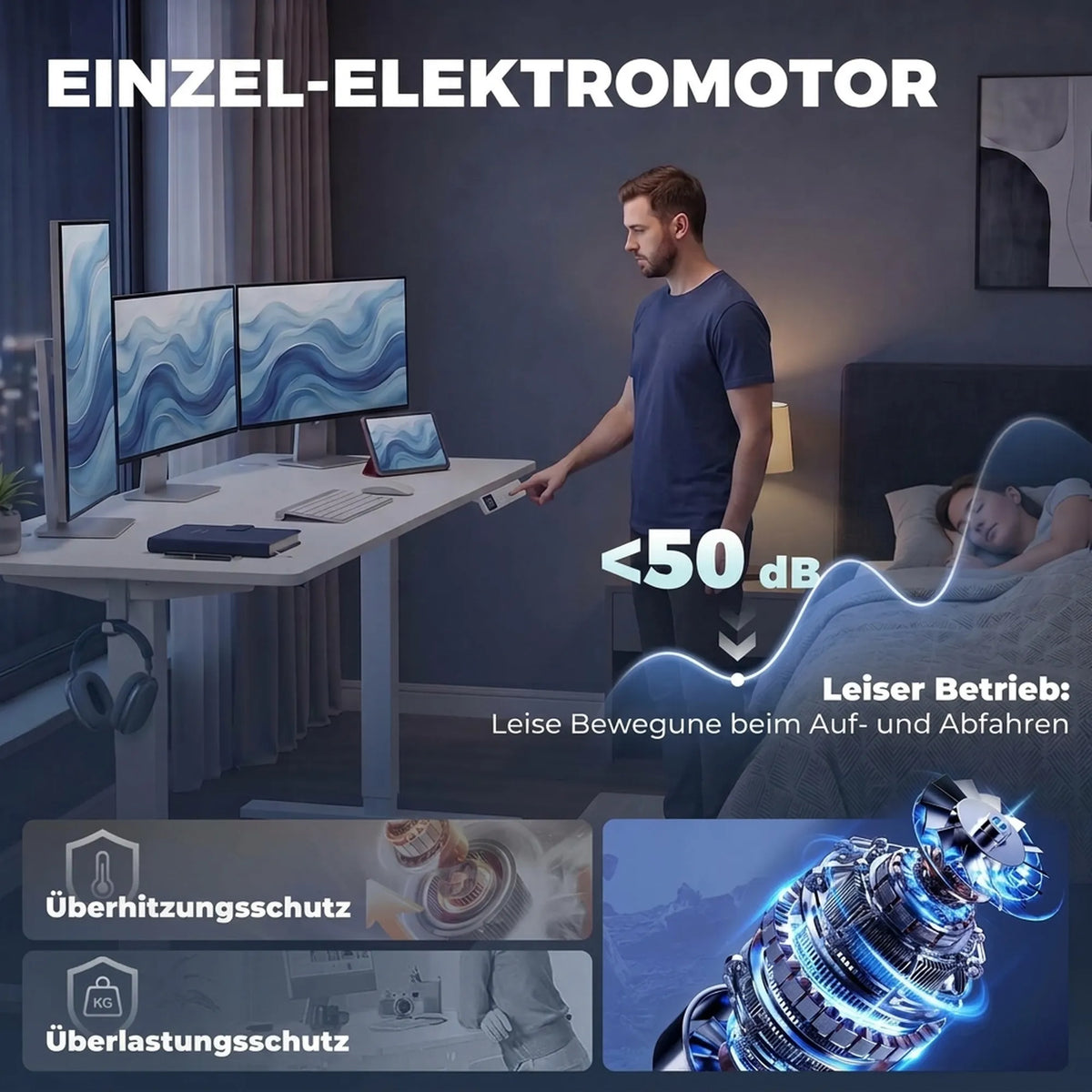 Elektrinis reguliuojamo aukščio rašomasis stalas su LCD ekranu, kabelių angomis ir kabliukais, baltas