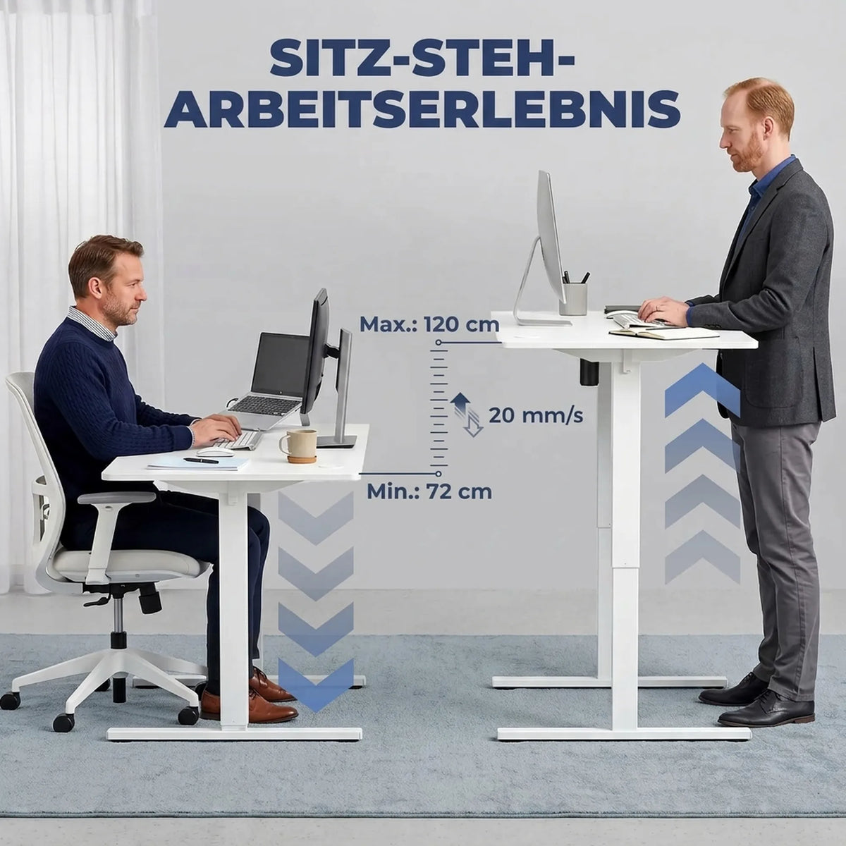 Elektrinis reguliuojamo aukščio rašomasis stalas su LCD ekranu, kabelių angomis ir kabliukais, baltas