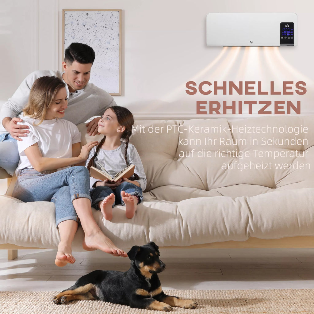 Elektrinis sieninis šildytuvas, 2000 W, su nuotolinio valdymo pulteliu ir laikmačiu, baltas