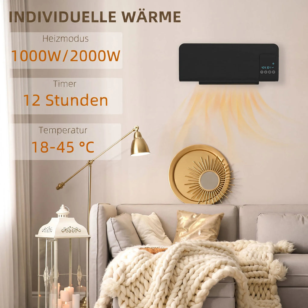 Jaukiame kambaryje su sofa ir žvakėmis kabo juodas šildytuvas