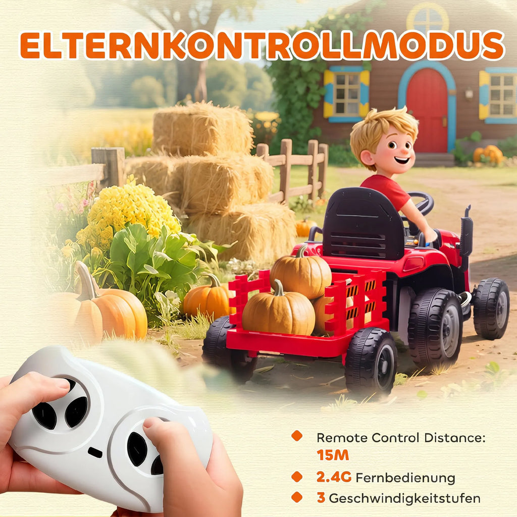 Elektrinis traktorius su priekaba ir nuotolinio valdymo pulteliu, 3-8 metų vaikams, raudonas