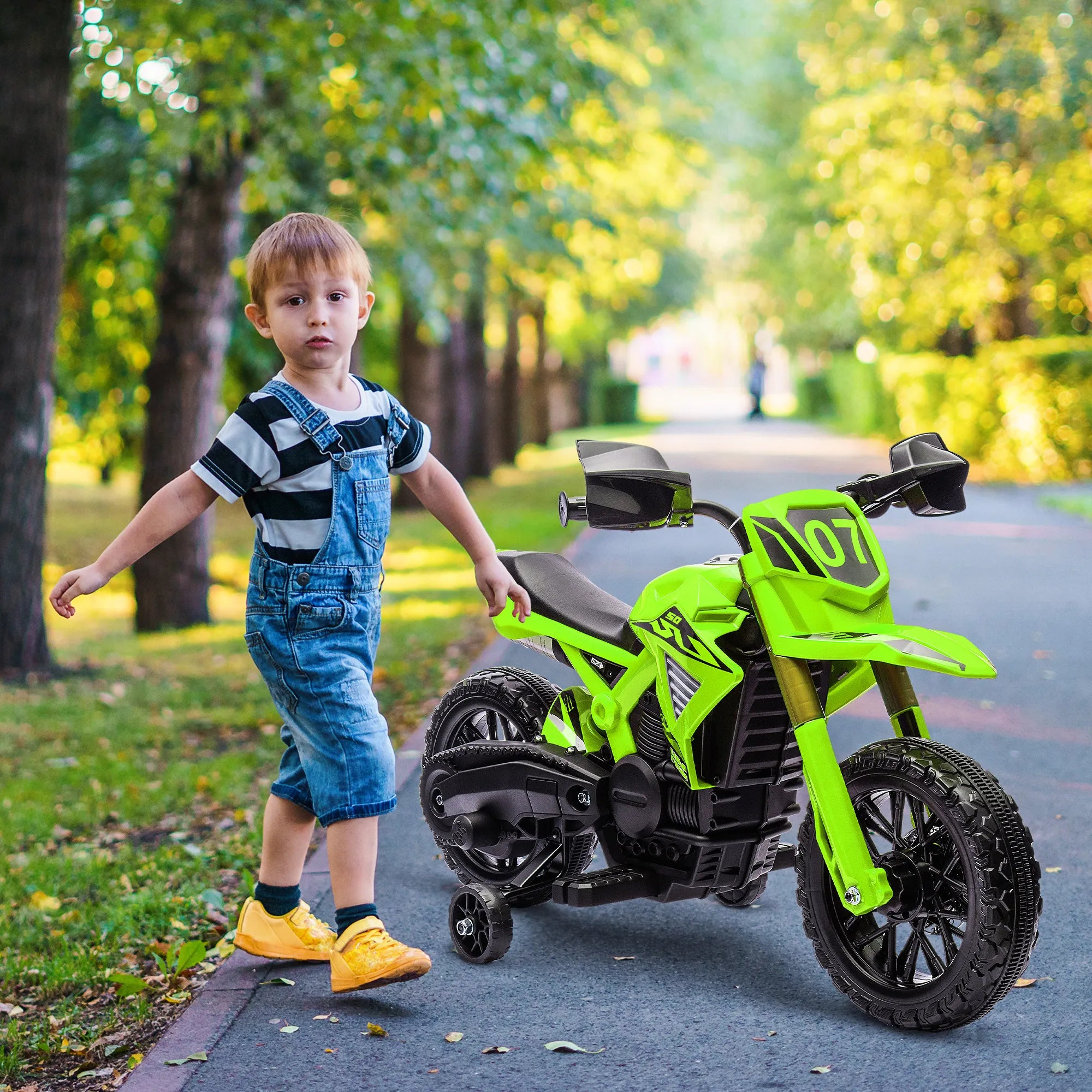 Elektrinis vaikiškas motociklas, 3–8 metų vaikams, iki 30 kg, žalias