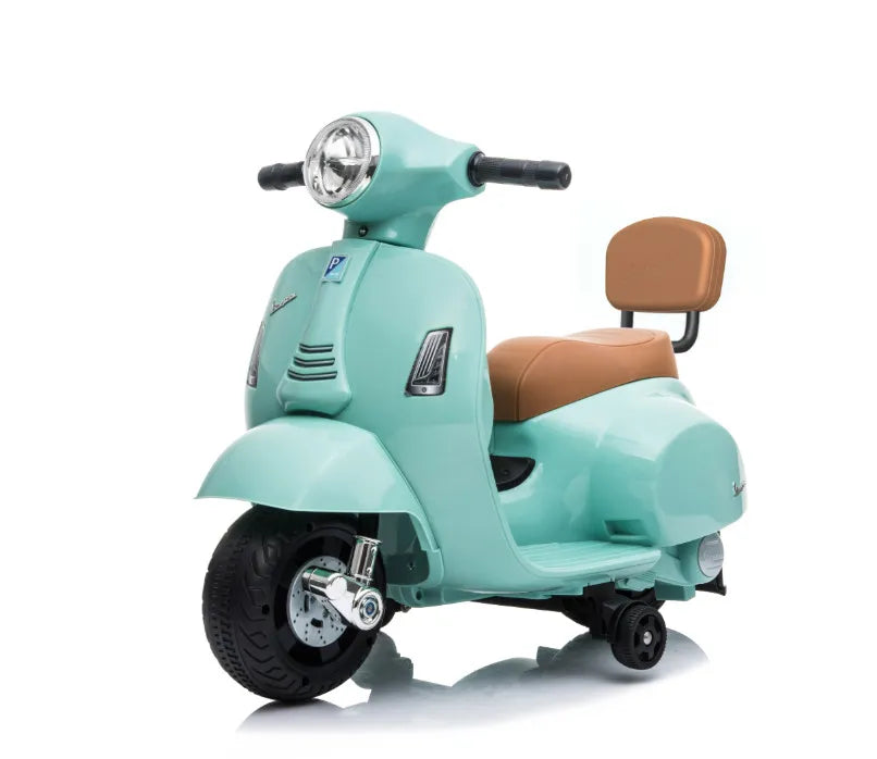 Mėtinės spalvos motociklas su ruda sėdyne ir atlošu iš šono