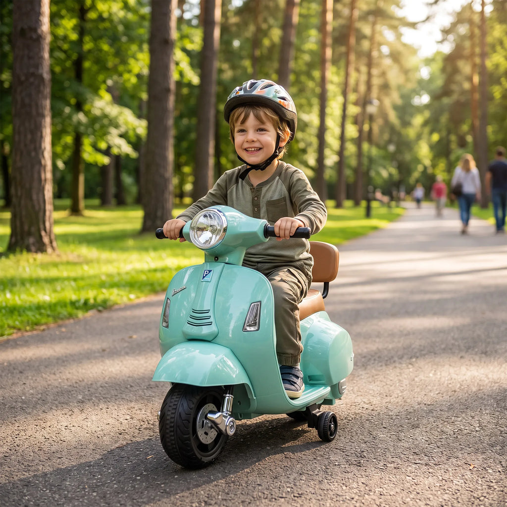 Elektrinis vaikiškas motociklas „Mini Vespa GTS“, 6 V, ličio akumuliatorius, ergonomiška sėdynė ir atlošas, 1,5–3 metų vaikams