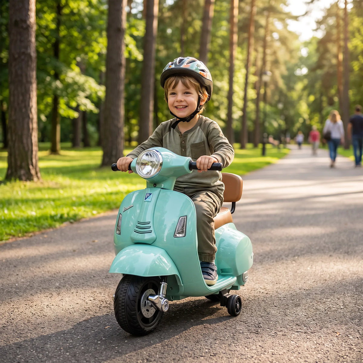 Elektrinis vaikiškas motociklas „Mini Vespa GTS“, 6 V, ličio akumuliatorius, ergonomiška sėdynė ir atlošas, 1,5–3 metų vaikams