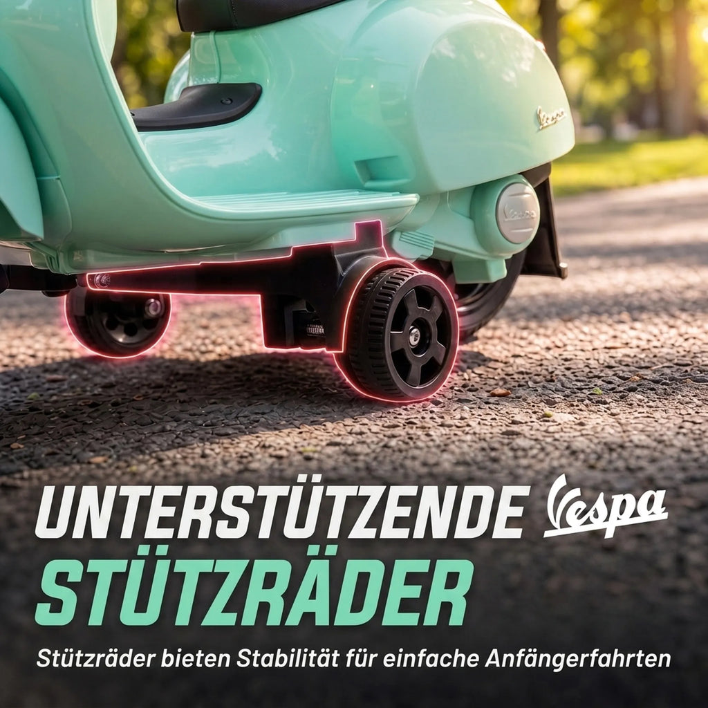 Elektrinis vaikiškas motociklas „Mini Vespa GTS“, 6 V, ličio akumuliatorius, ergonomiška sėdynė ir atlošas, 1,5–3 metų vaikams
